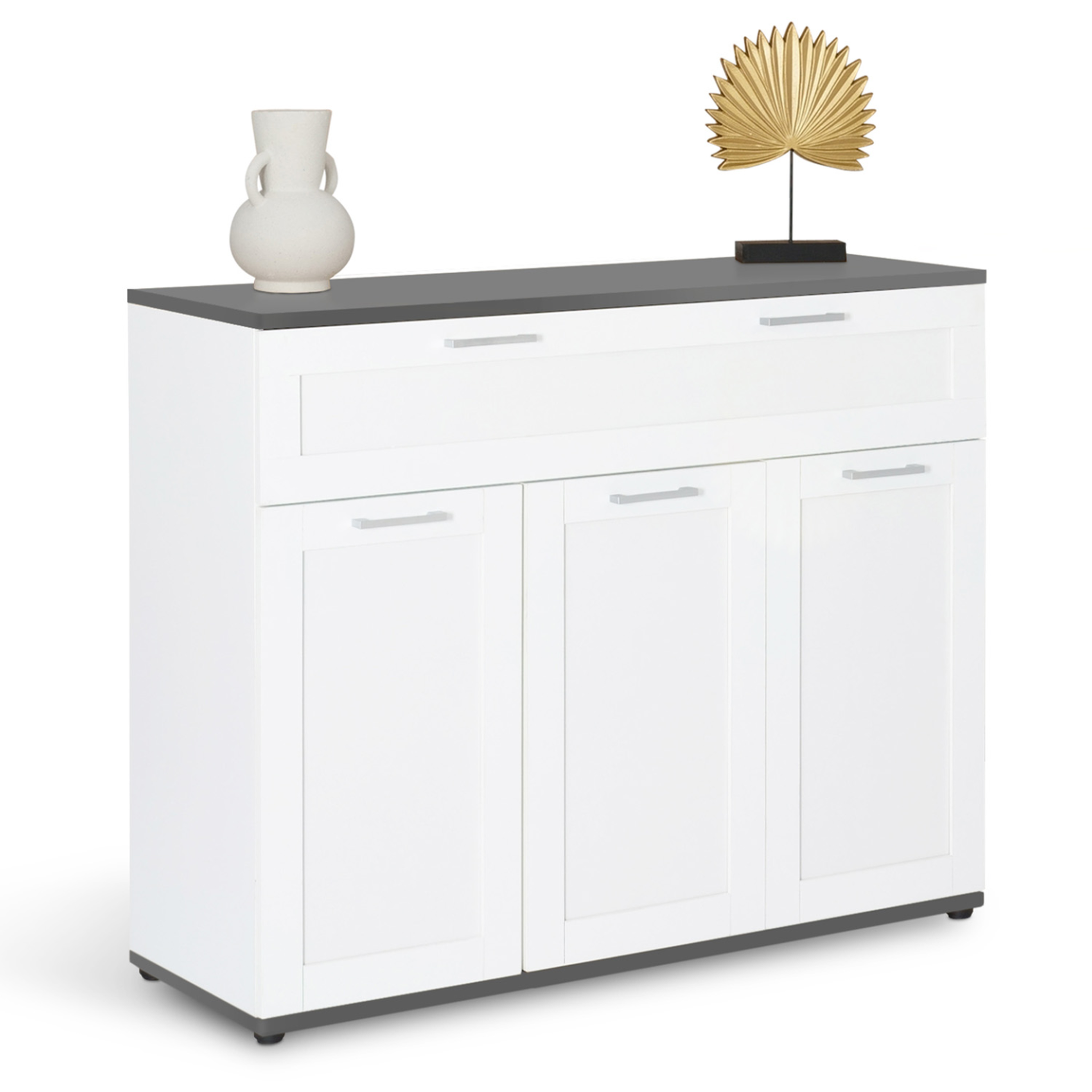ID MARKET Buffet 100 cm vito 3 portes et 1 tiroir blanc et plateau gris