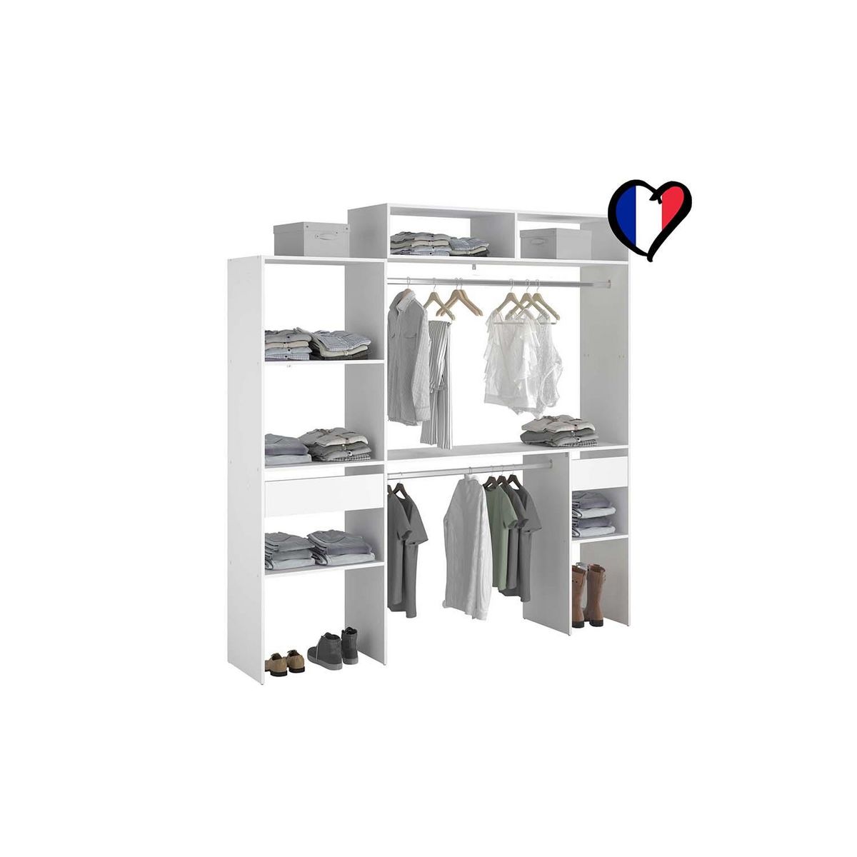 CONCEPT USINE Dressing blanc extensible avec 2 penderies, 4 étagères et un tiroir ELYSEE