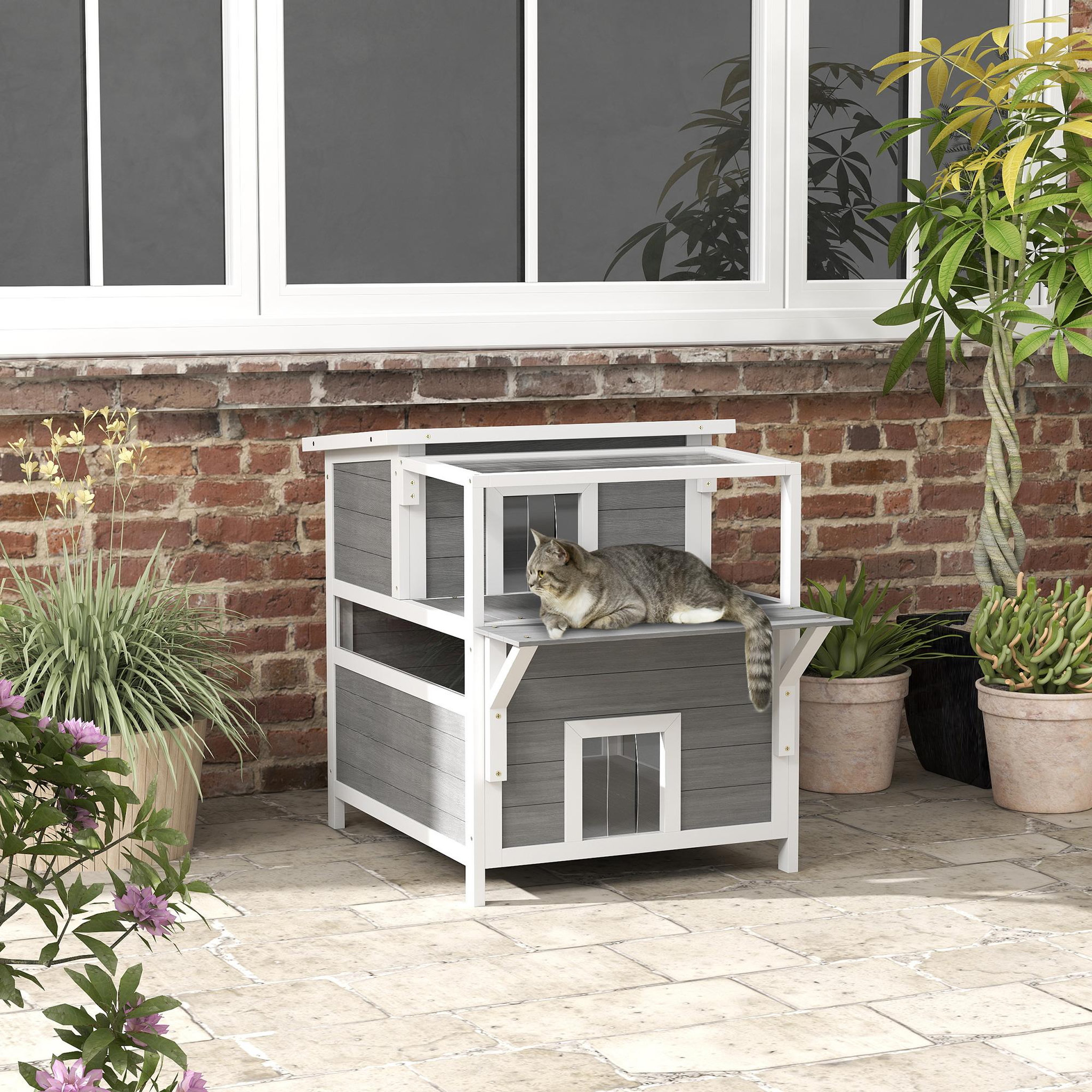 Voir la diapositive 2 : PAWHUT Maison niche chat sur pied - 2 niveaux, 2 portes, terrasse abritée, fenêtre - bois gris blanc