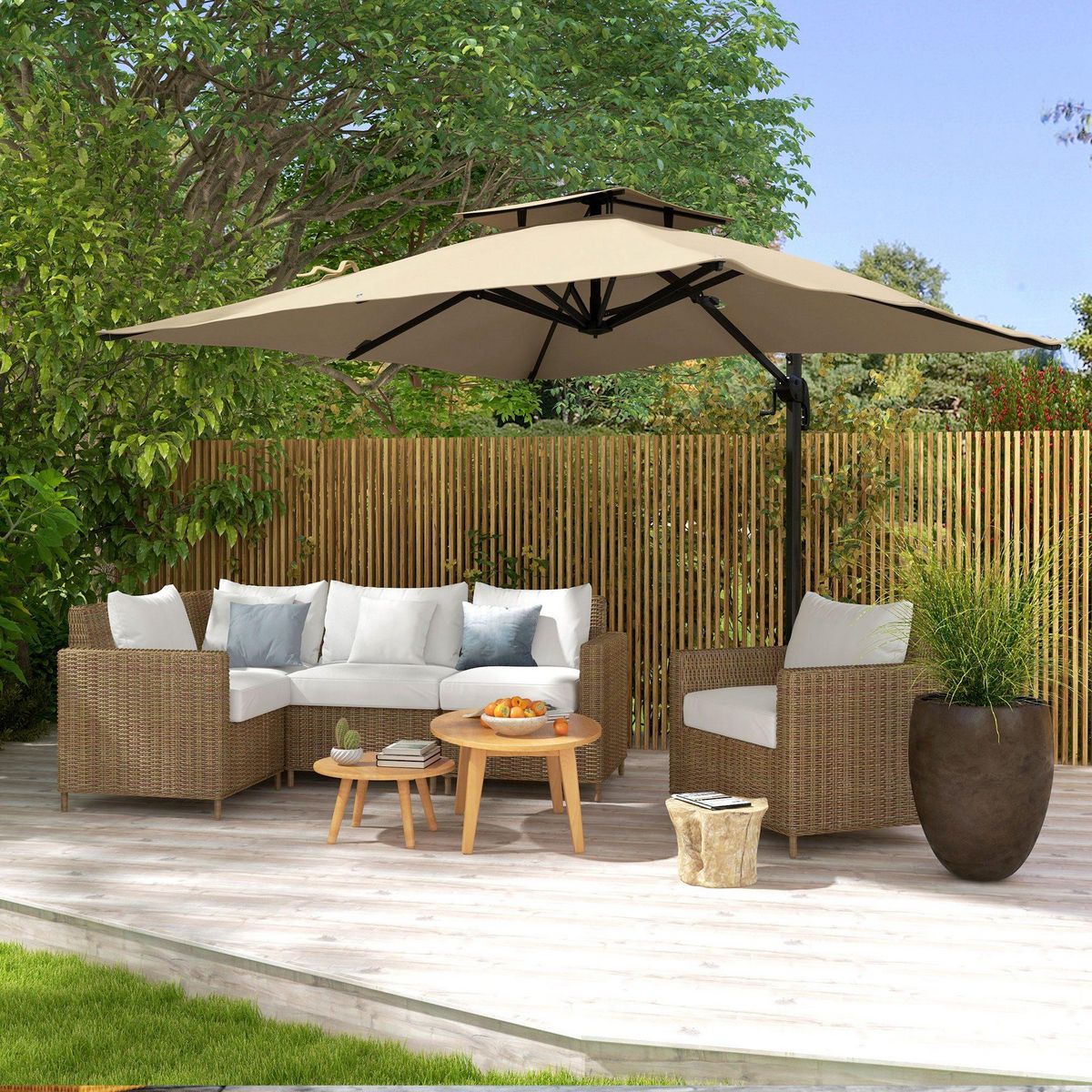 OUTSUNNY Parasol déporté carré 3 x 3 m - inclinable, pivotant - manivelle, piètement - alu toile haute densité 250 g/m² kaki