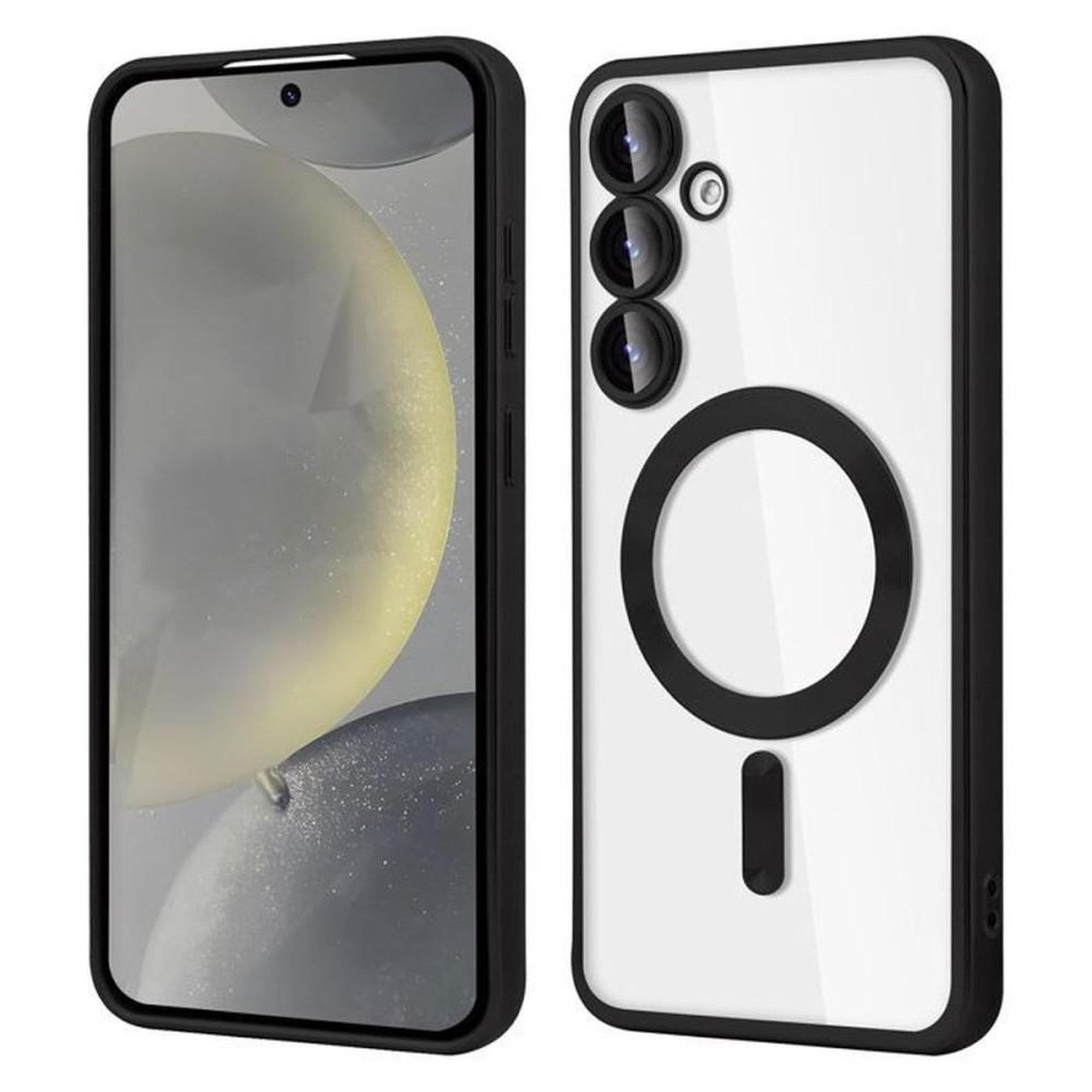 Coque téléphone ultra-fine anti-choc pour Samsung Galaxy S24 (6,2 po) avec protection écran et caméra, deux verres trempés, bordé noir, aimanté pour accessoires sans fil