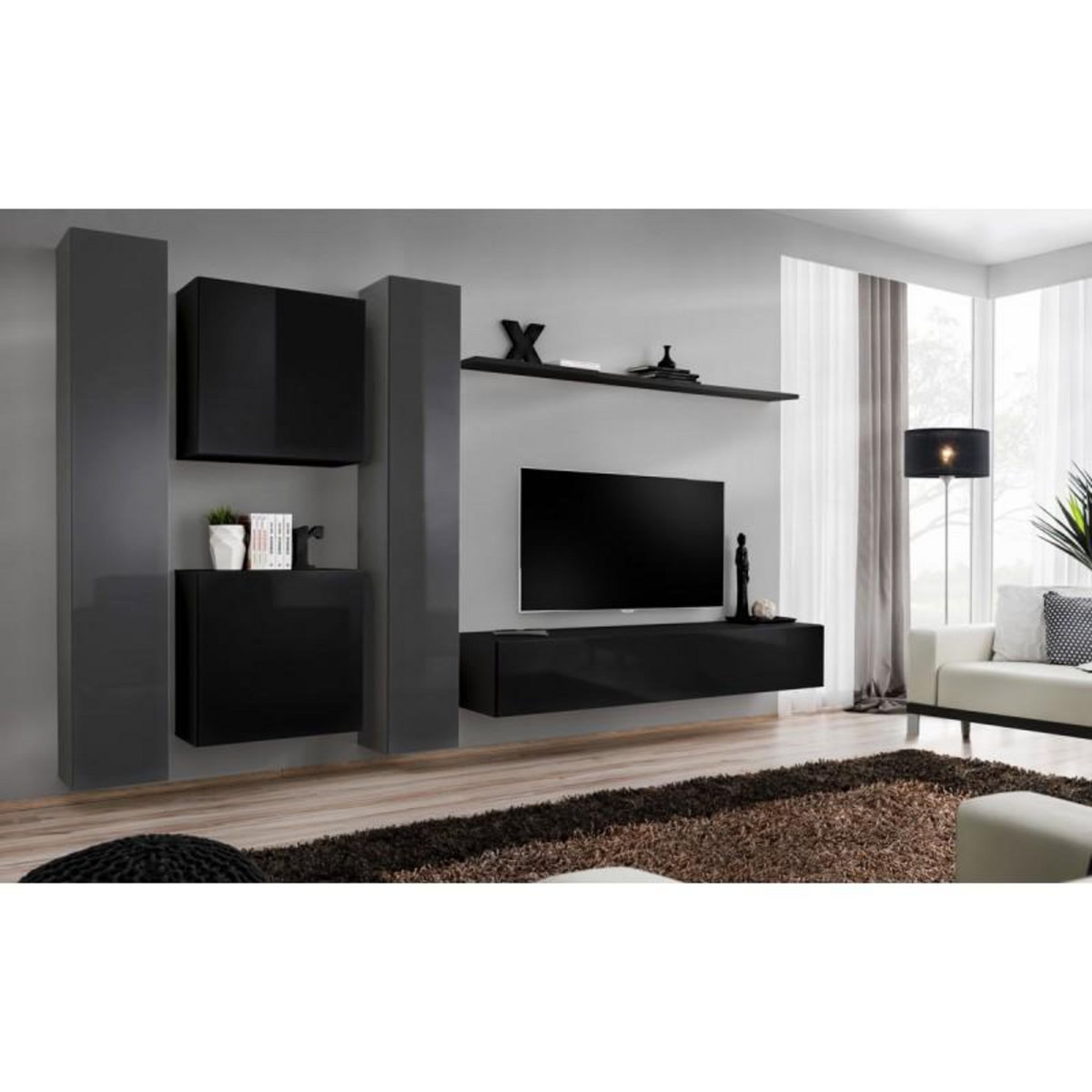 Paris Prix Meuble TV Mural Design  Switch VI  330cm Noir & Gris