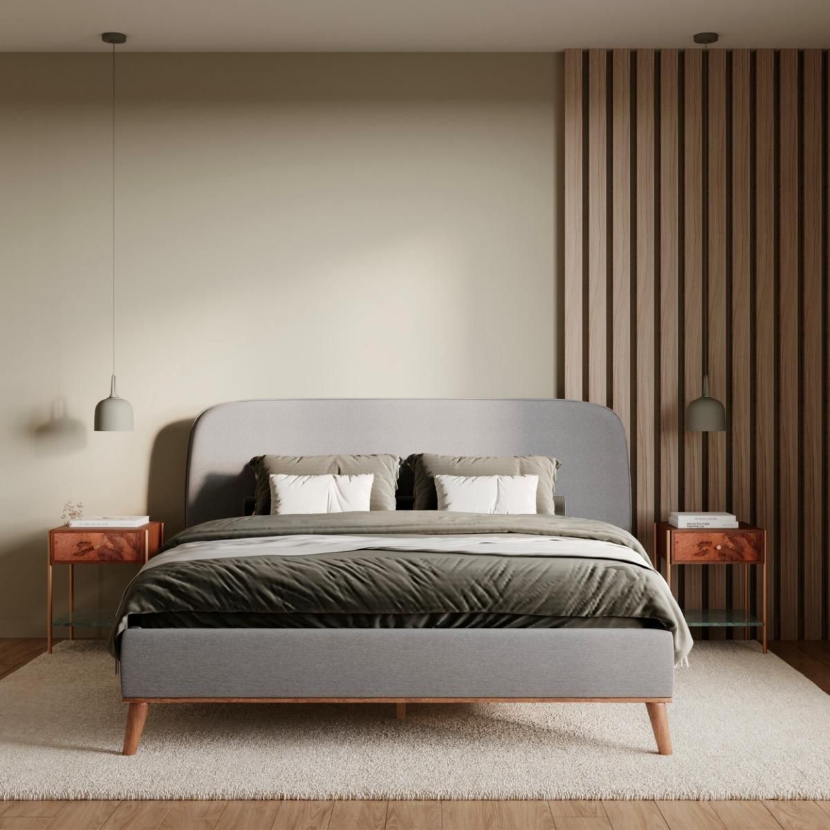 Rendez vous déco Lit double 140x190 cm en tissu gris/beige - Modjo