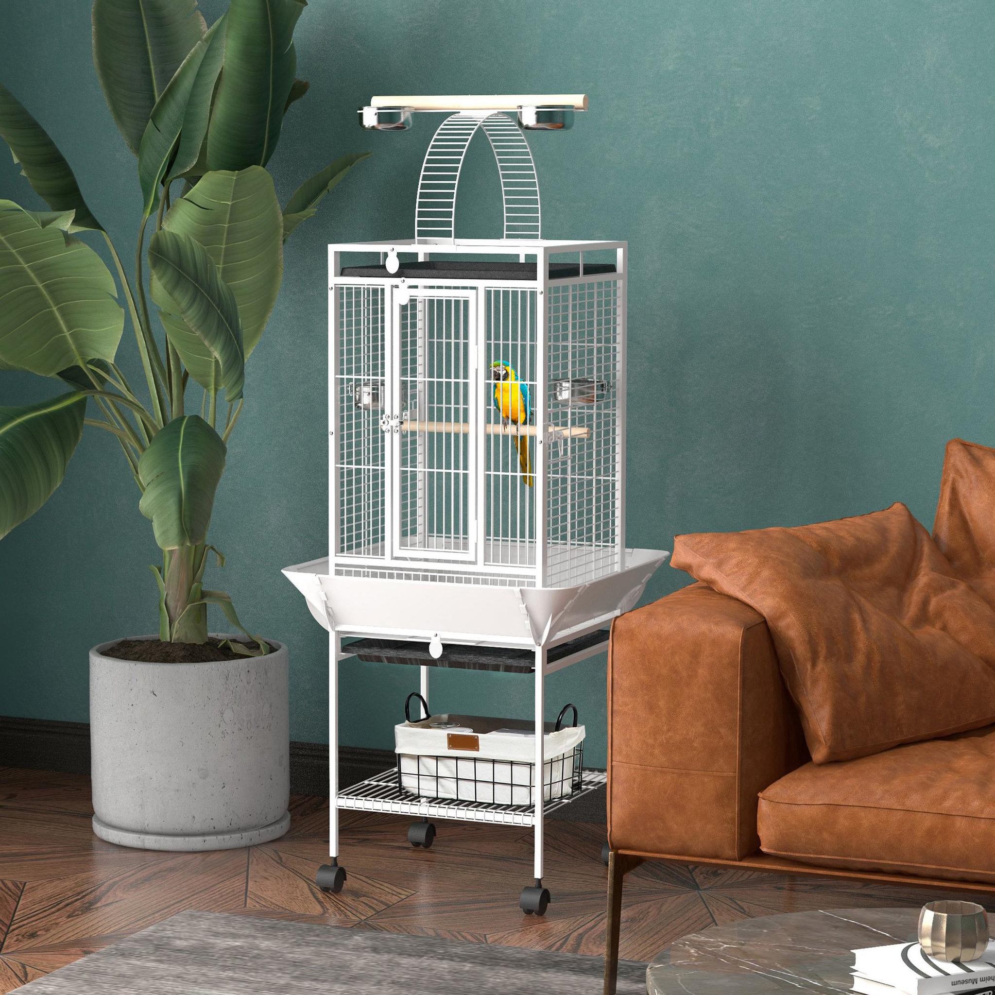Voir la diapositive 4 : PAWHUT Cage oiseaux à roulettes 62 x 62 x 156 cm plateau coulissant acier blanc