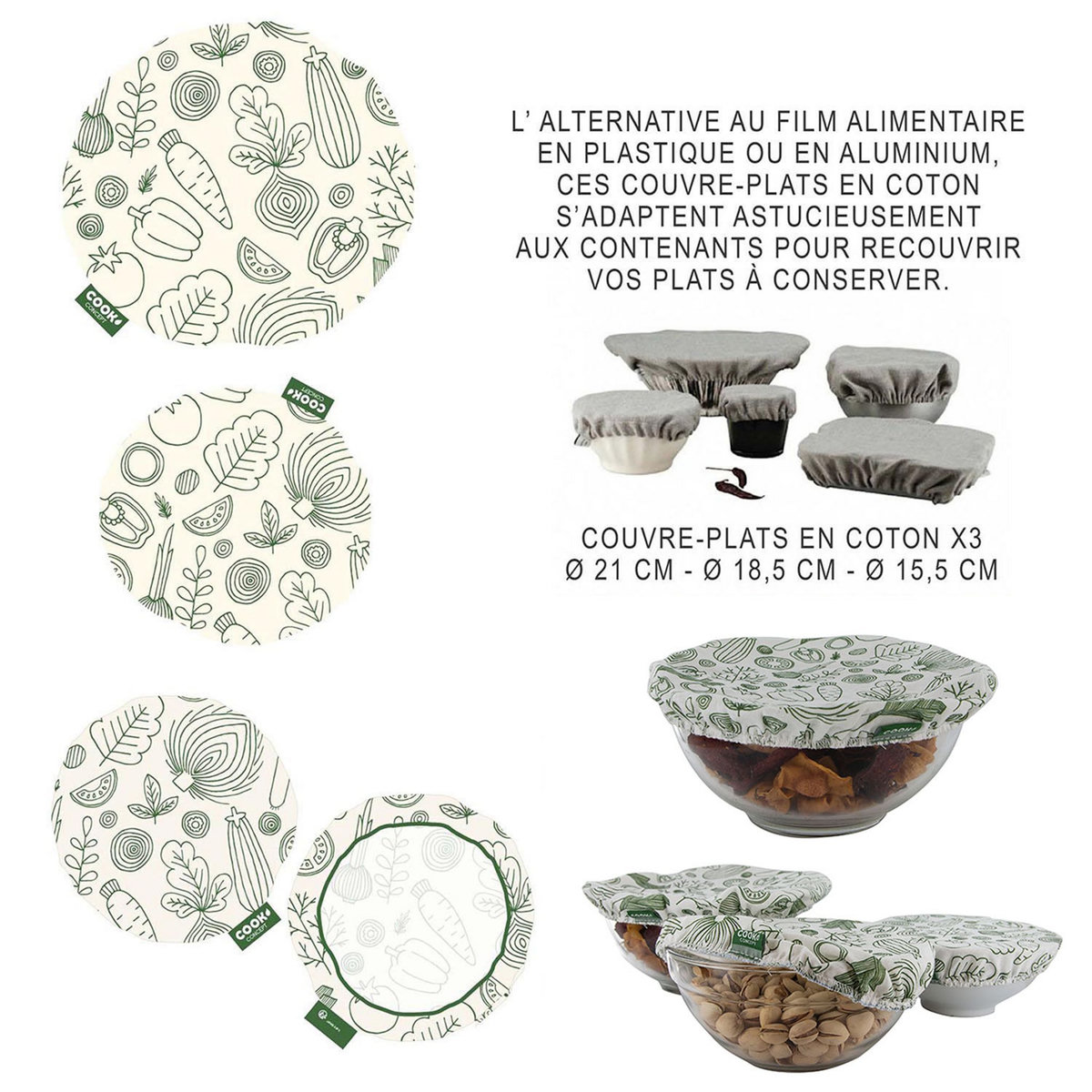 Lot de 3 couvercles en tissu réutilisable