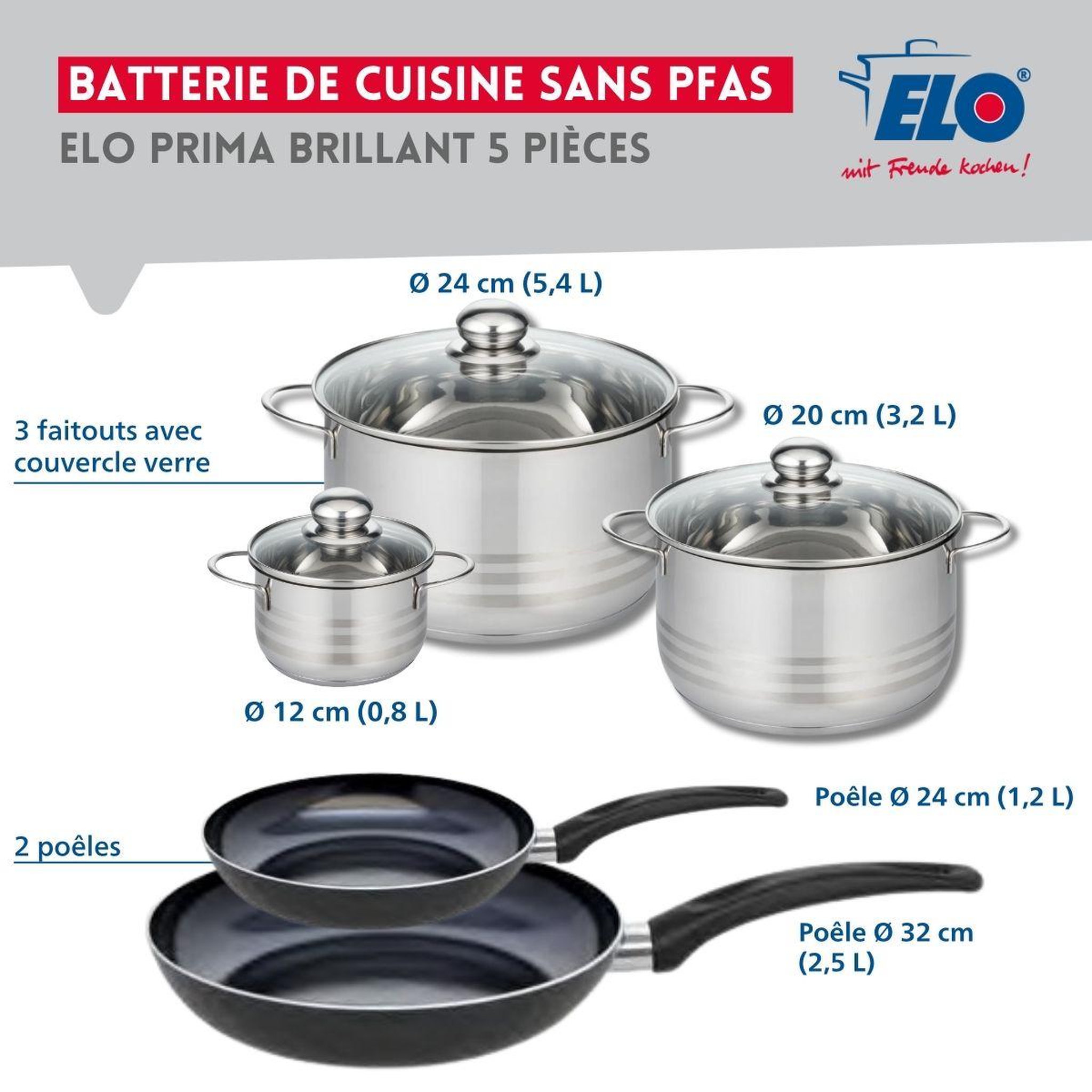 Voir la diapositive 2 : ELO Ensemble de 2 poêles de cuisson 24 et 32 cm et 3 faitouts 12, 20 et 24 cm elo prima brillant