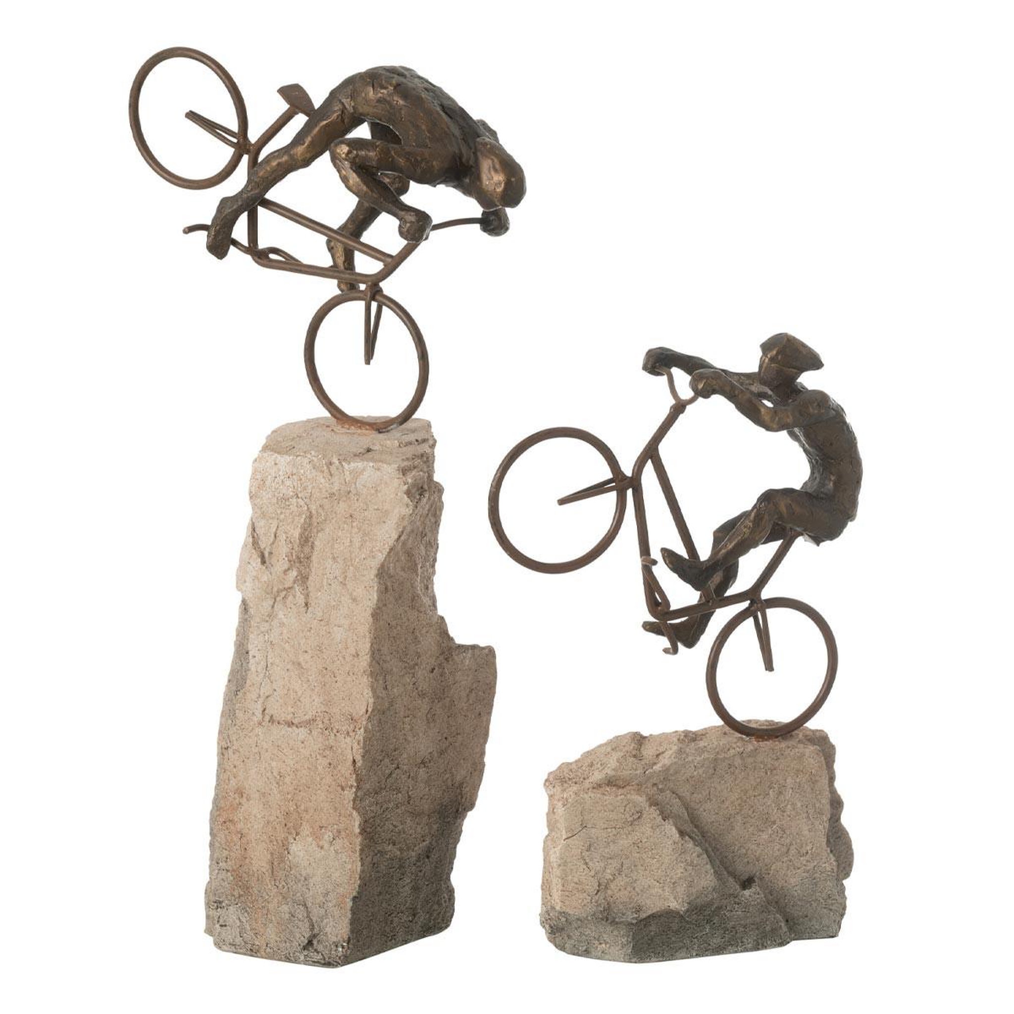J-LINE Lot de 2 statuettes déco  cyclistes sur pierre  46cm beige