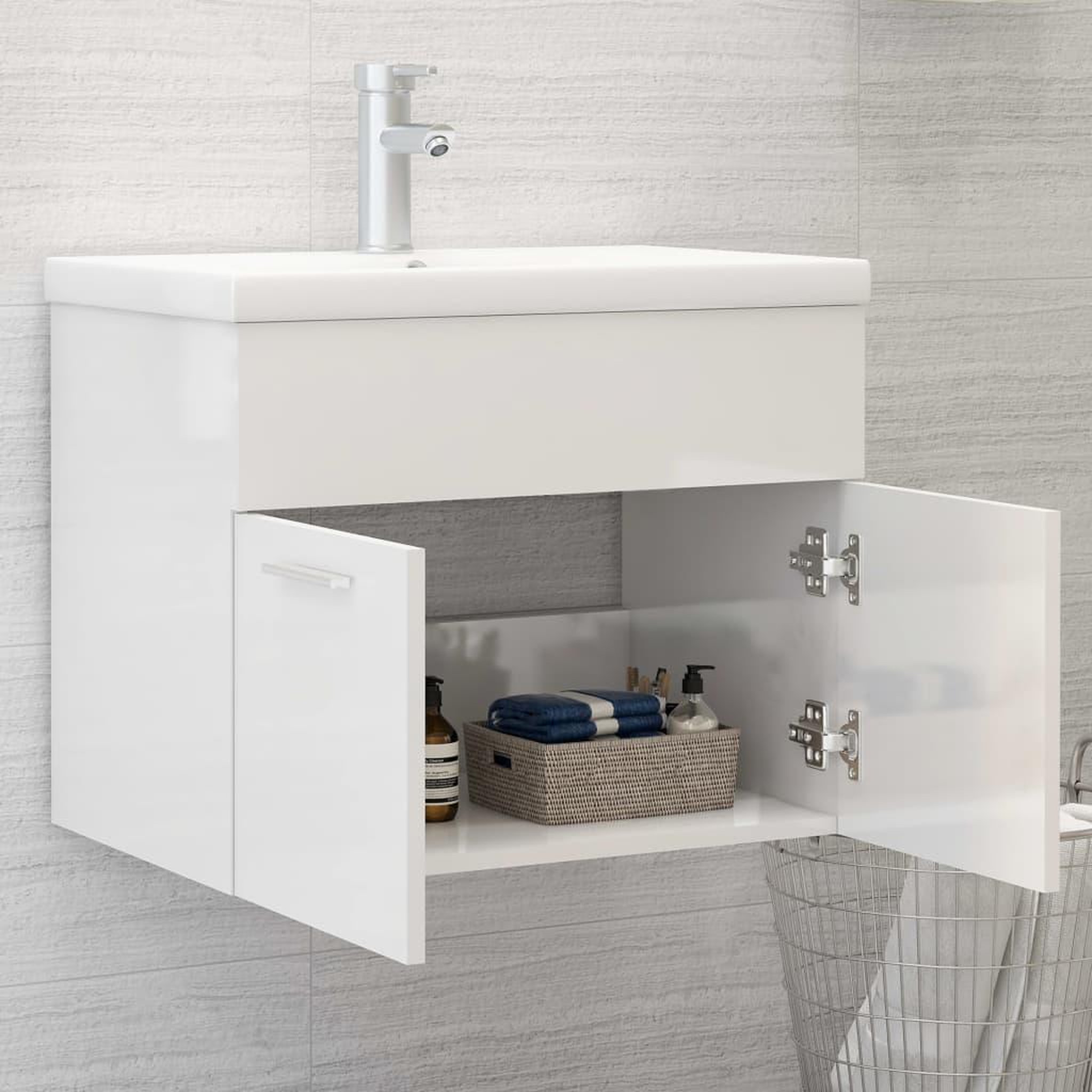 Voir la diapositive 3 : VIDAXL Armoire d'evier avec lavabo integre Blanc brillant Agglomere