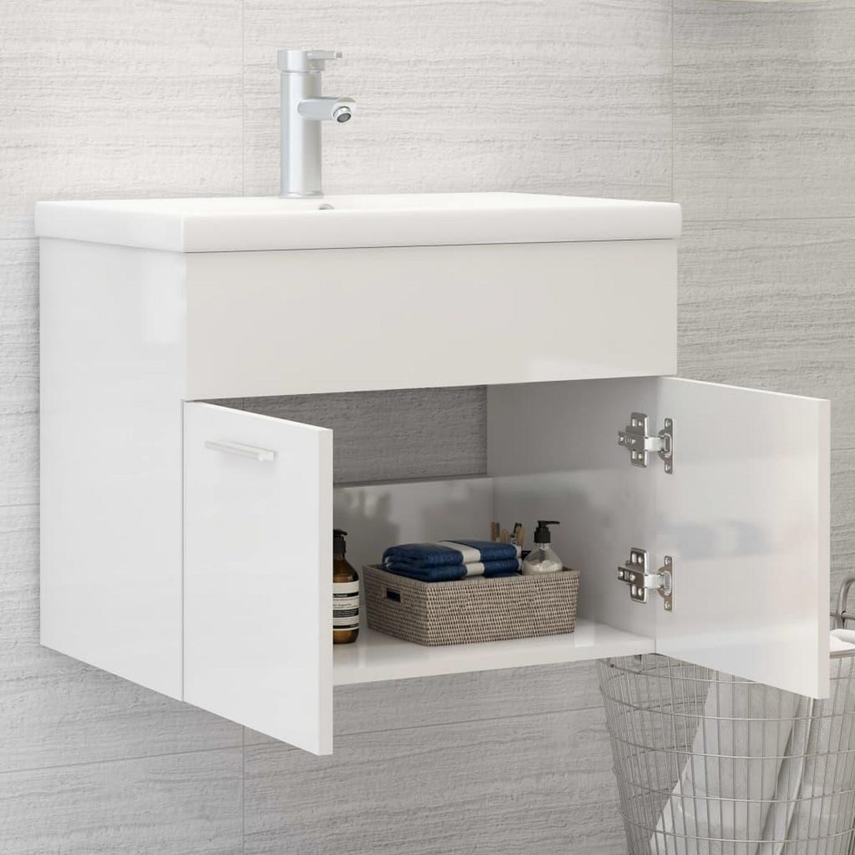 VIDAXL Armoire d'evier avec lavabo integre Blanc brillant Agglomere