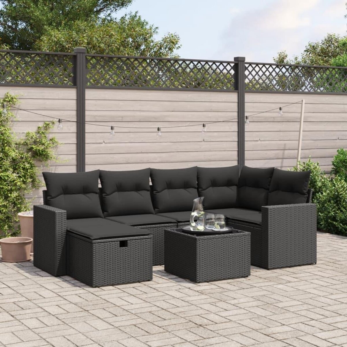 VIDAXL Salon de jardin 7 pcs avec coussins noir resine tressee