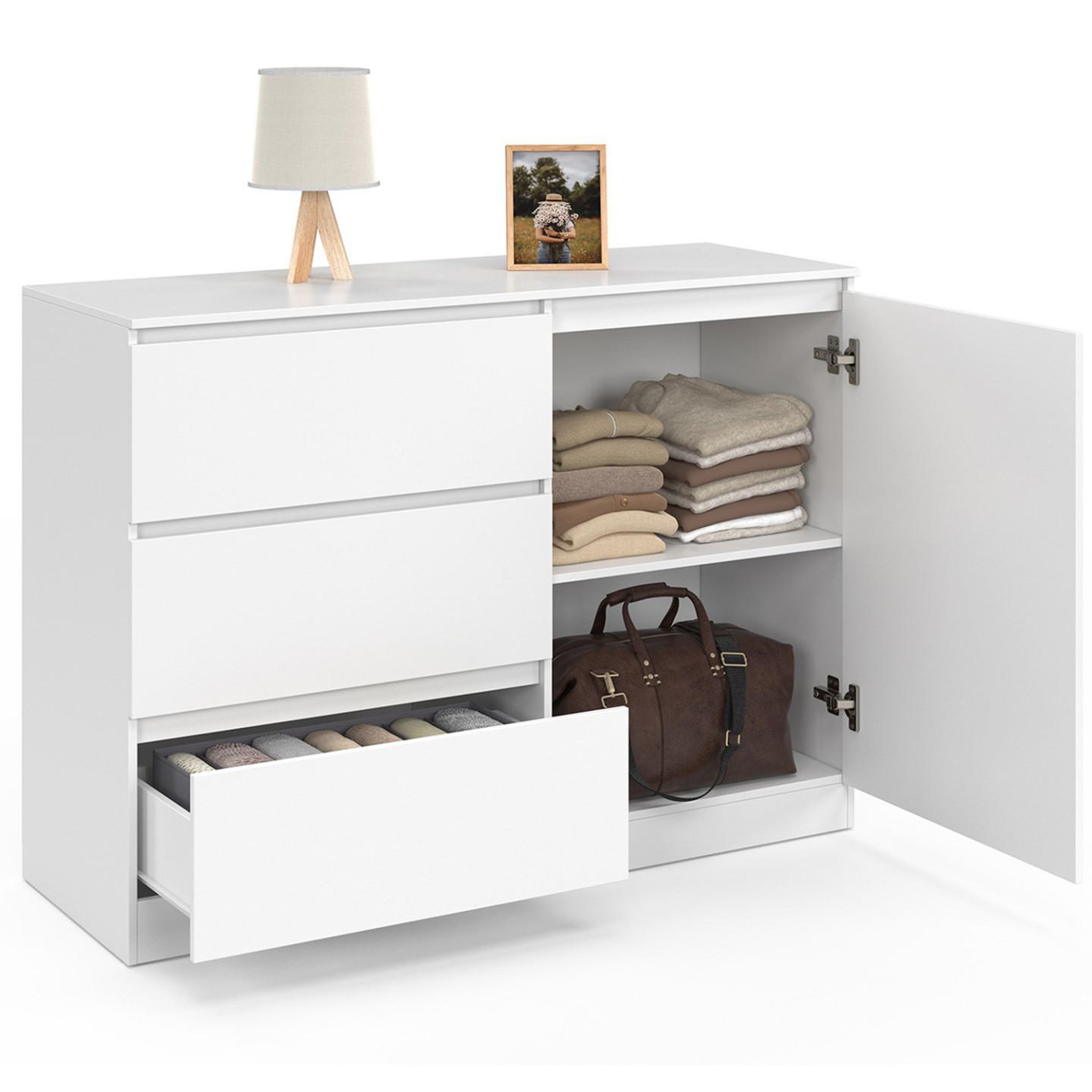 Voir la diapositive 5 : ID MARKET Commode 3 tiroirs + 1 porte tomi 110 cm bois blanc