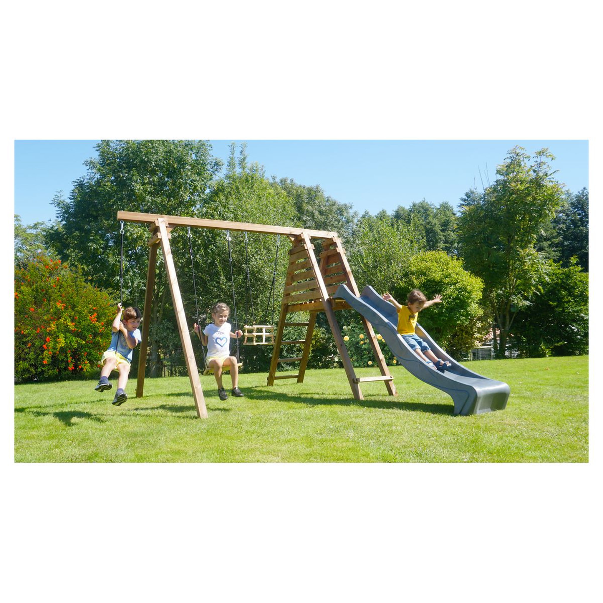 Voir la diapositive 1 : Soulet Portique balançoire avec toboggan - Bois - H2,24 m - FLEUR 