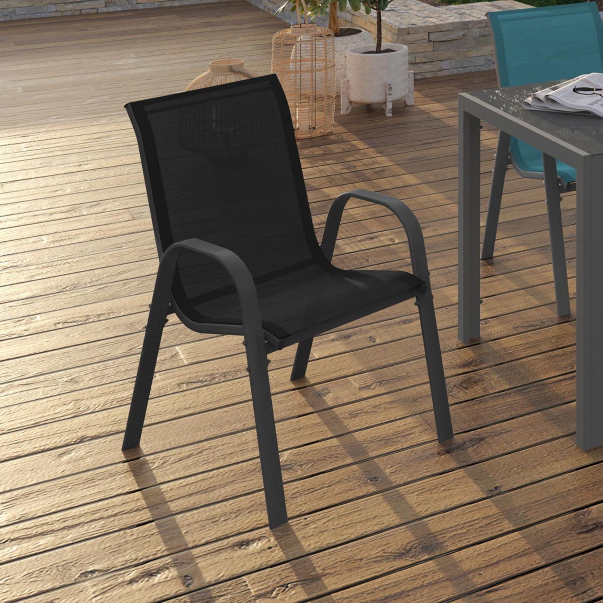 ID MARKET Lot de 6 chaises de jardin LYMA métal et textilène empilables gris, noir et bleu