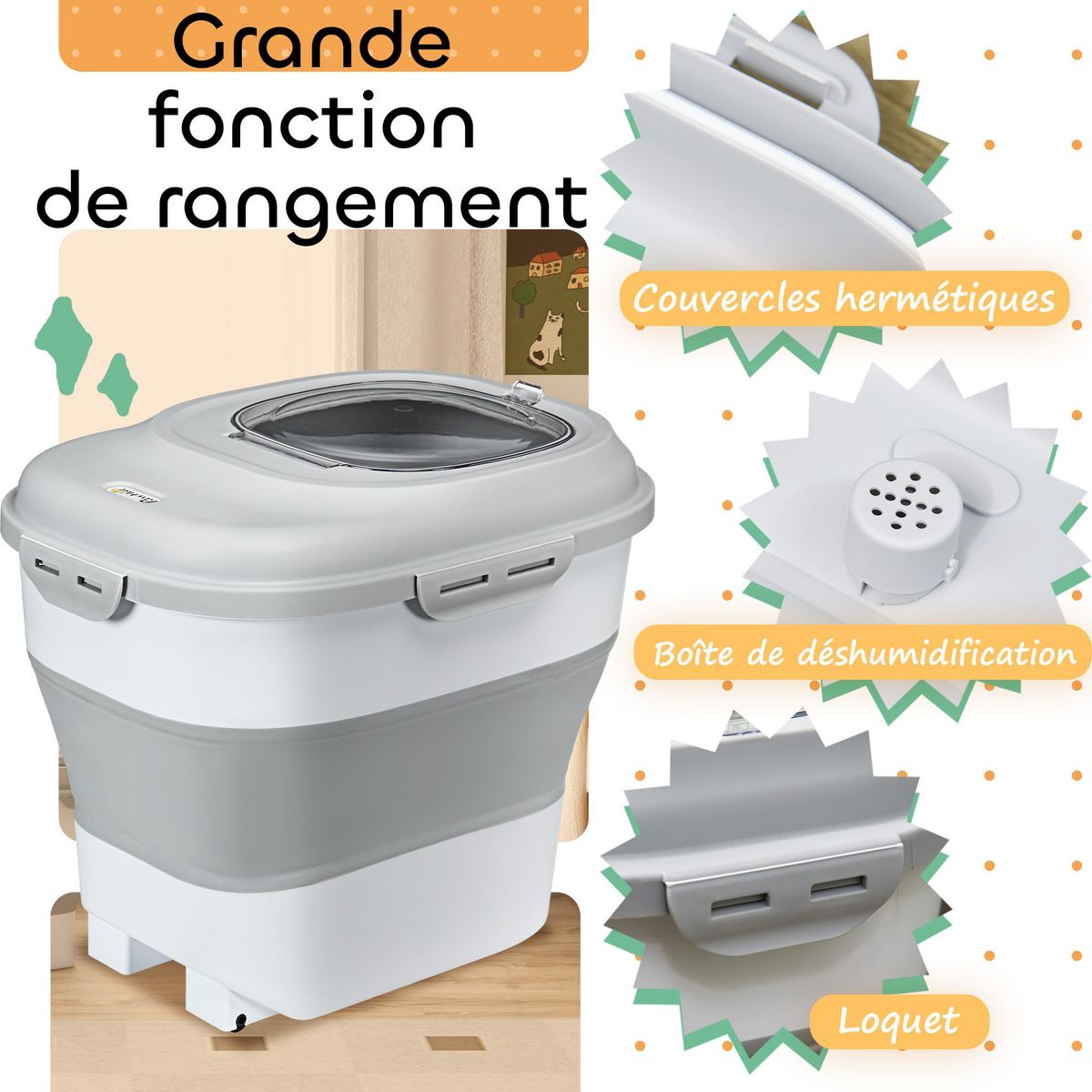 PAWHUT Conteneur à croquettes pour chiens et chats pliable 25L - roulettes, tasse, bol, cuillère - gris