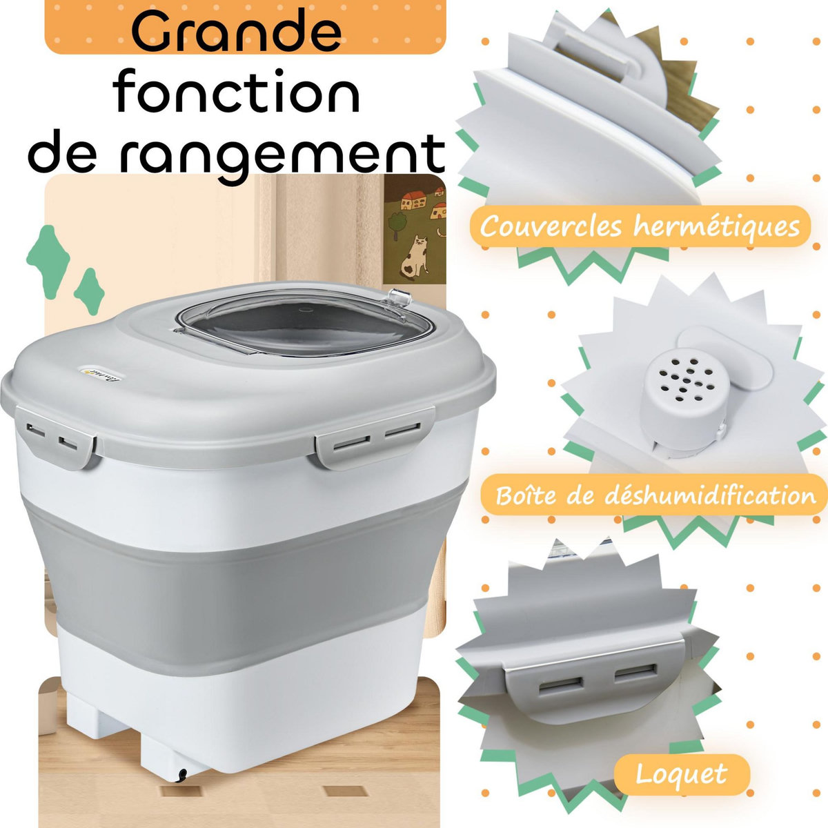 PAWHUT Conteneur à croquettes pour chiens et chats pliable 25L - roulettes, tasse, bol, cuillère - gris