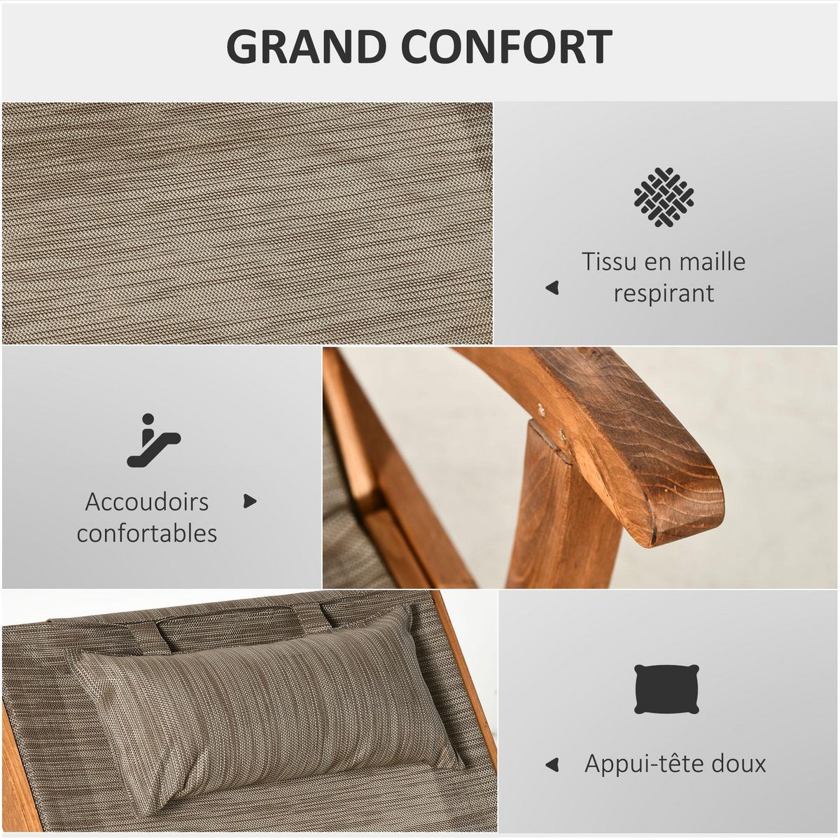 OUTSUNNY Bain de soleil transat design style colonial - dossier réglable 4 positions - tétière rembourrée - dim. 194L x 70l x 32H cm - pin textilène marron