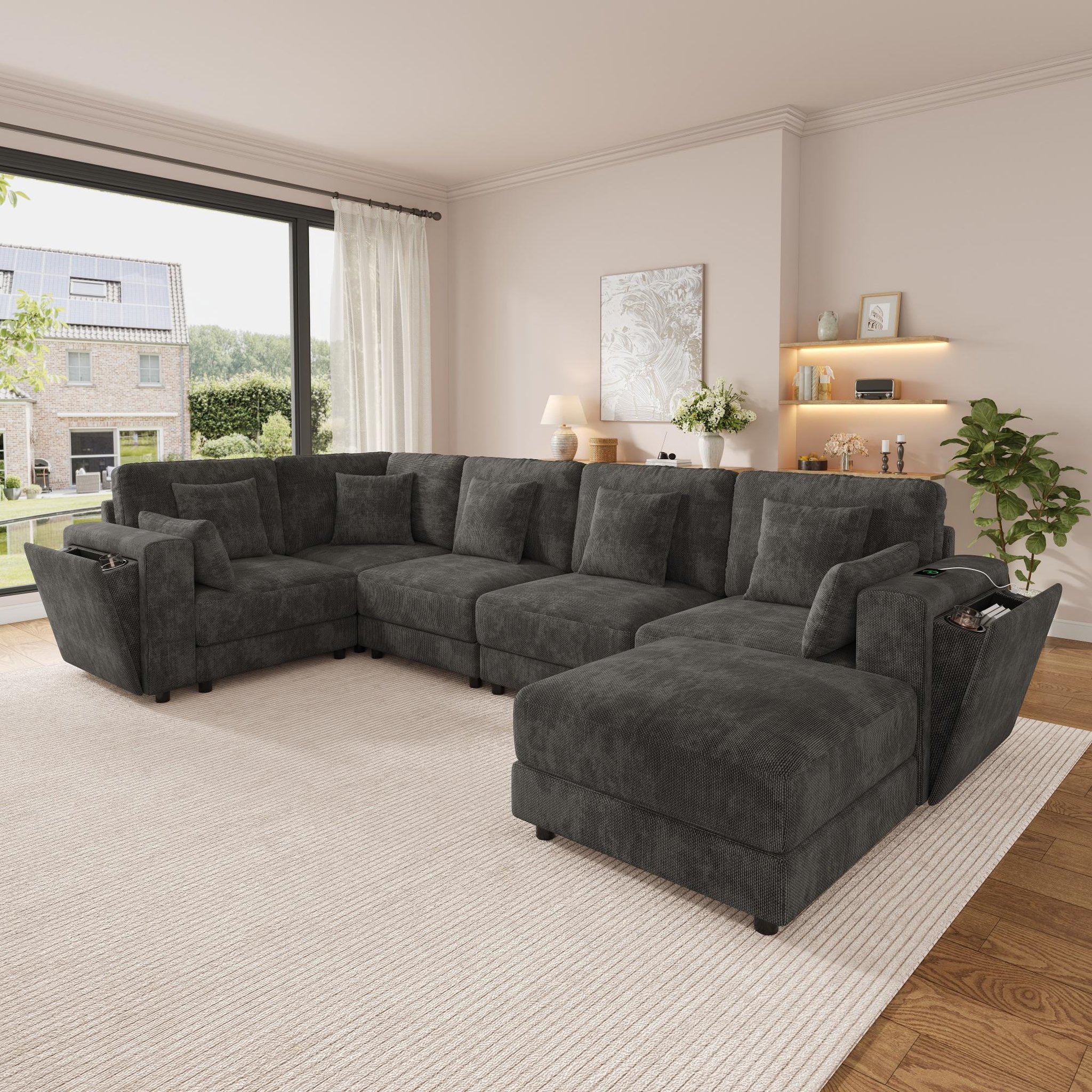 Voir la diapositive 4 : MERAX Canapé d'angle modulable 6 places l/u chenille avec usb rangement porte-gobelet
