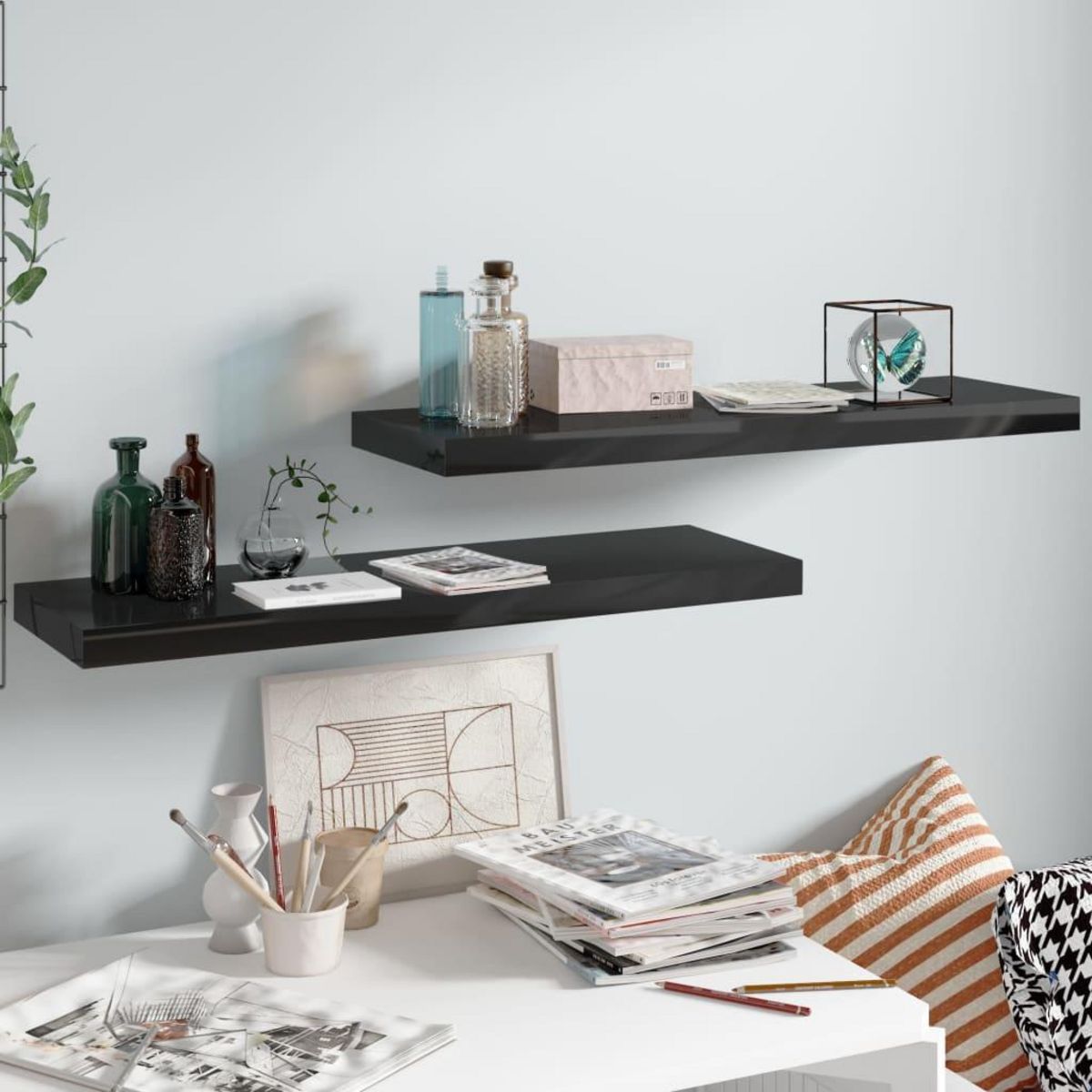 VIDAXL Etagere murale flottante 2 pcs Noir brillant 80x23,5x3,8 cm MDF