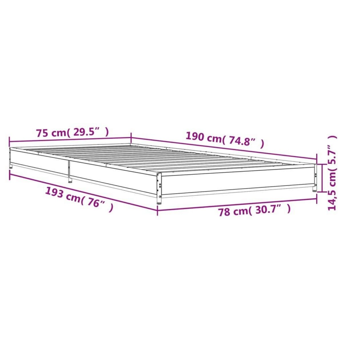 VIDAXL Cadre de lit sans matelas sonoma gris 75x190 cm