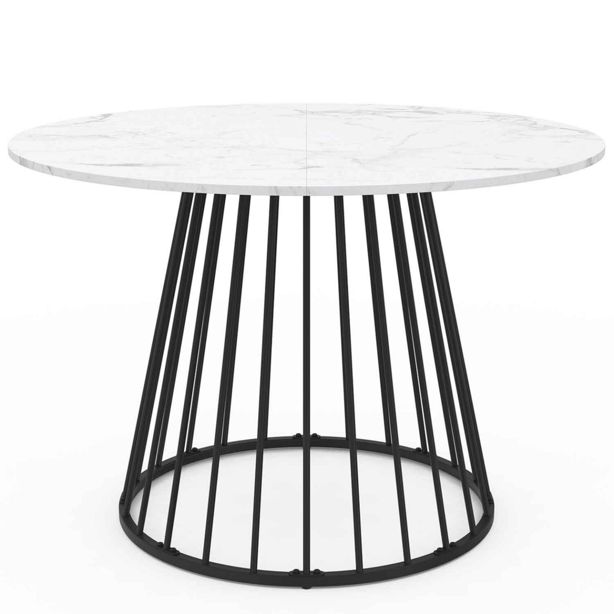ID MARKET Table à manger ronde YUNA 6 personnes pied filaire en métal noir et plateau effet marbre blanc ALASKA 110 cm