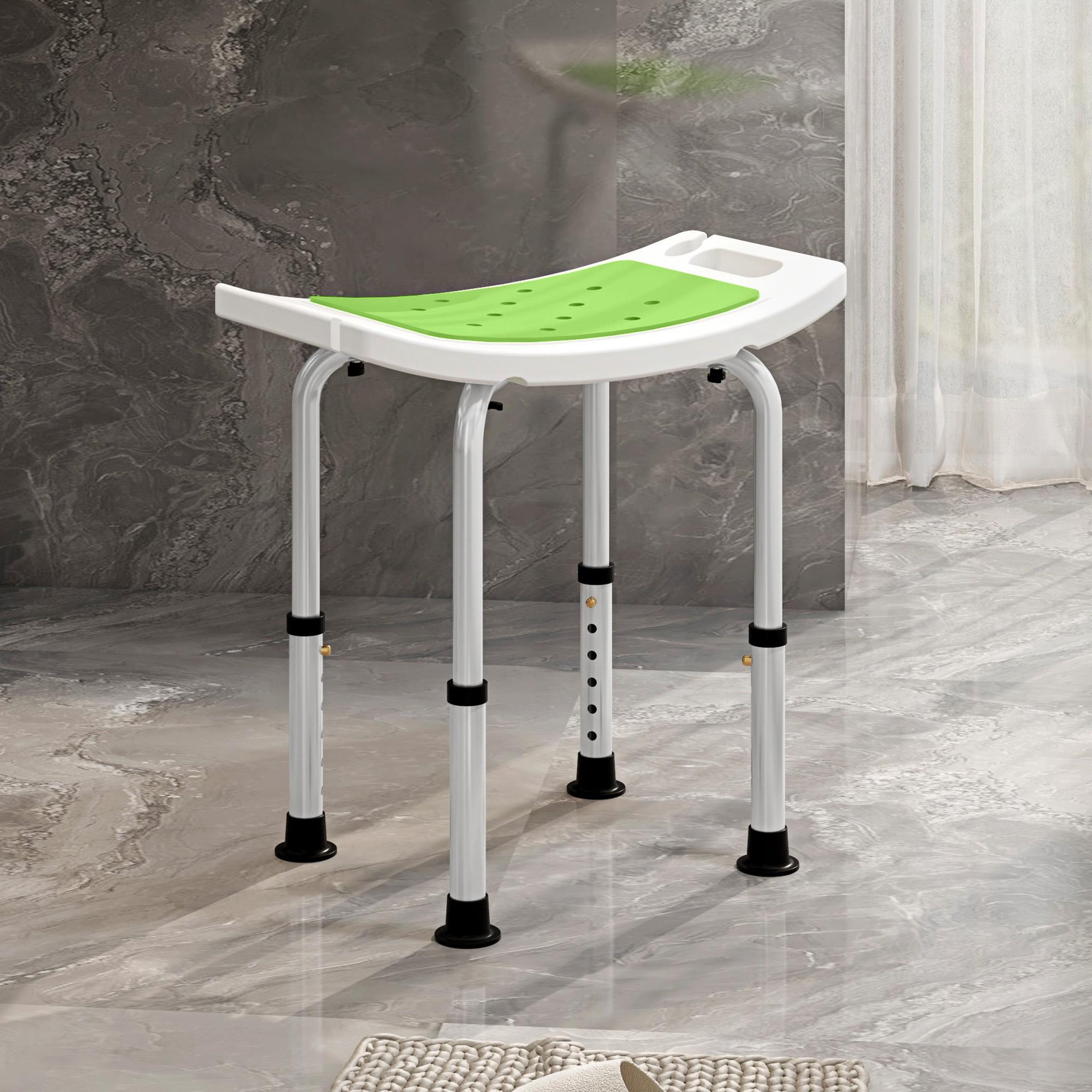 Voir la diapositive 2 : HOMCOM Siège de douche réglable en hauteur tabouret de douche ergonomique pieds antidérapants charge max. 135 kg alu hdpe blanc vert