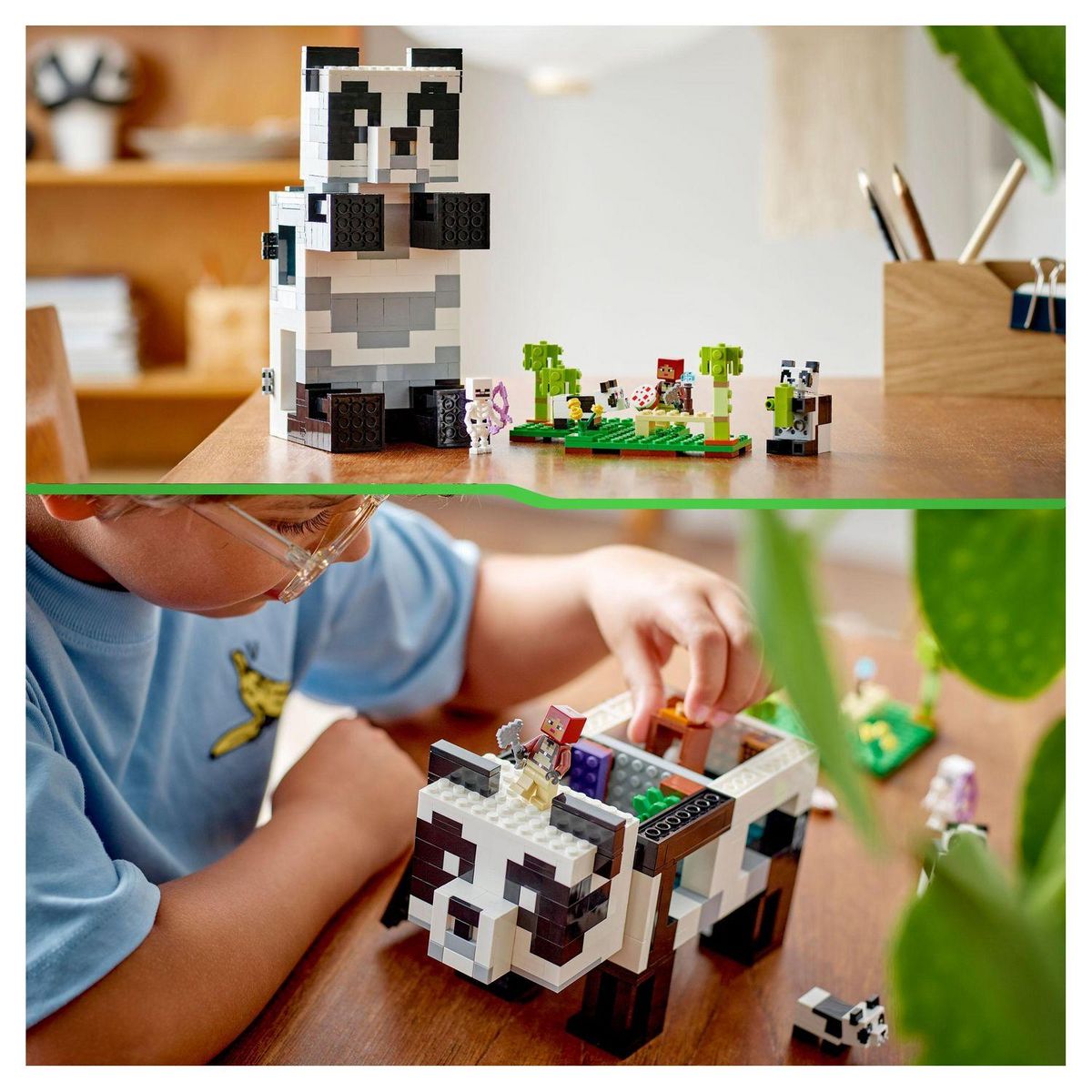 LEGO Minecraft 21245 Le refuge panda, Jouet de Maison Amovible, avec Figurines Animaux et Squelette
