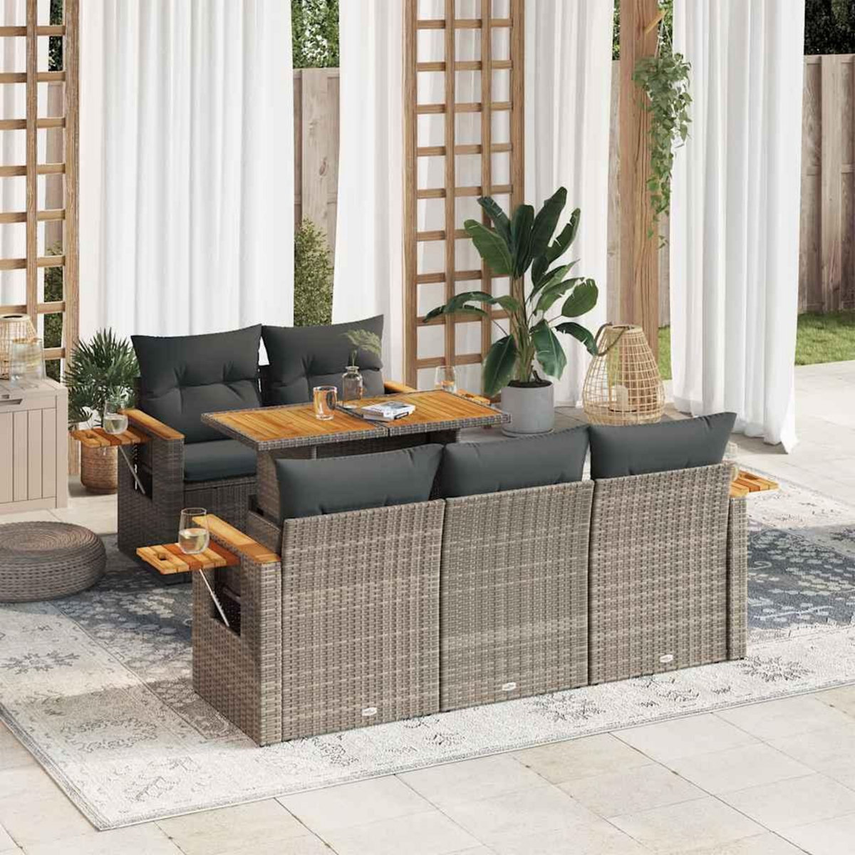VIDAXL Salon de jardin avec coussins 6 pcs gris resine tressee acacia
