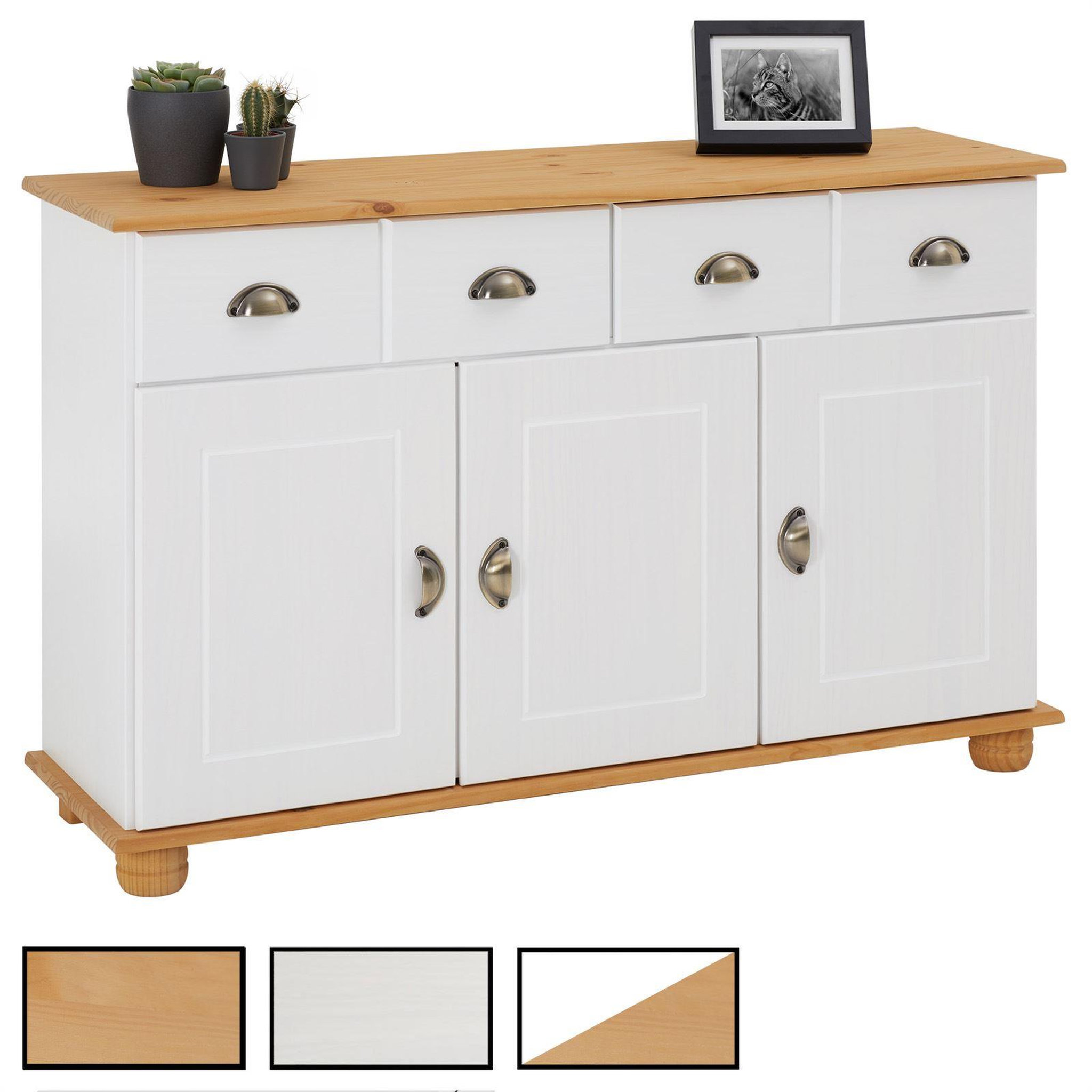 IDIMEX Buffet COLMAR en pin massif, 2 tiroirs et 3 portes. Coloris disponibles : Marron, Bicolore, Blanc
