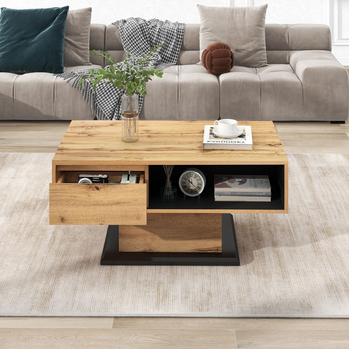MERAX Table Basse Grain De Bois, Avec Un Tiroir Sans Poignée 100 Cm
