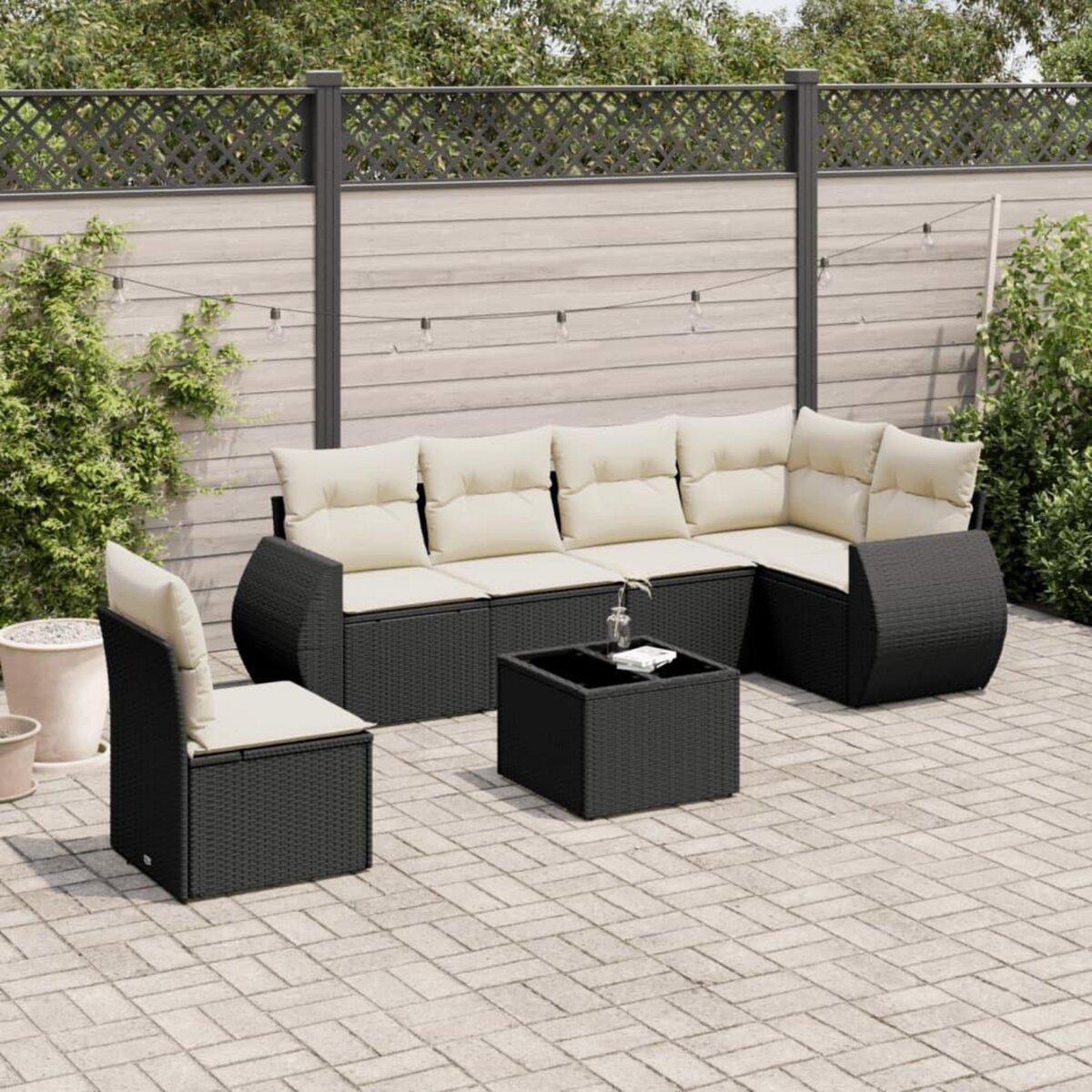 VIDAXL Salon de jardin 7 pcs avec coussins noir resine tressee