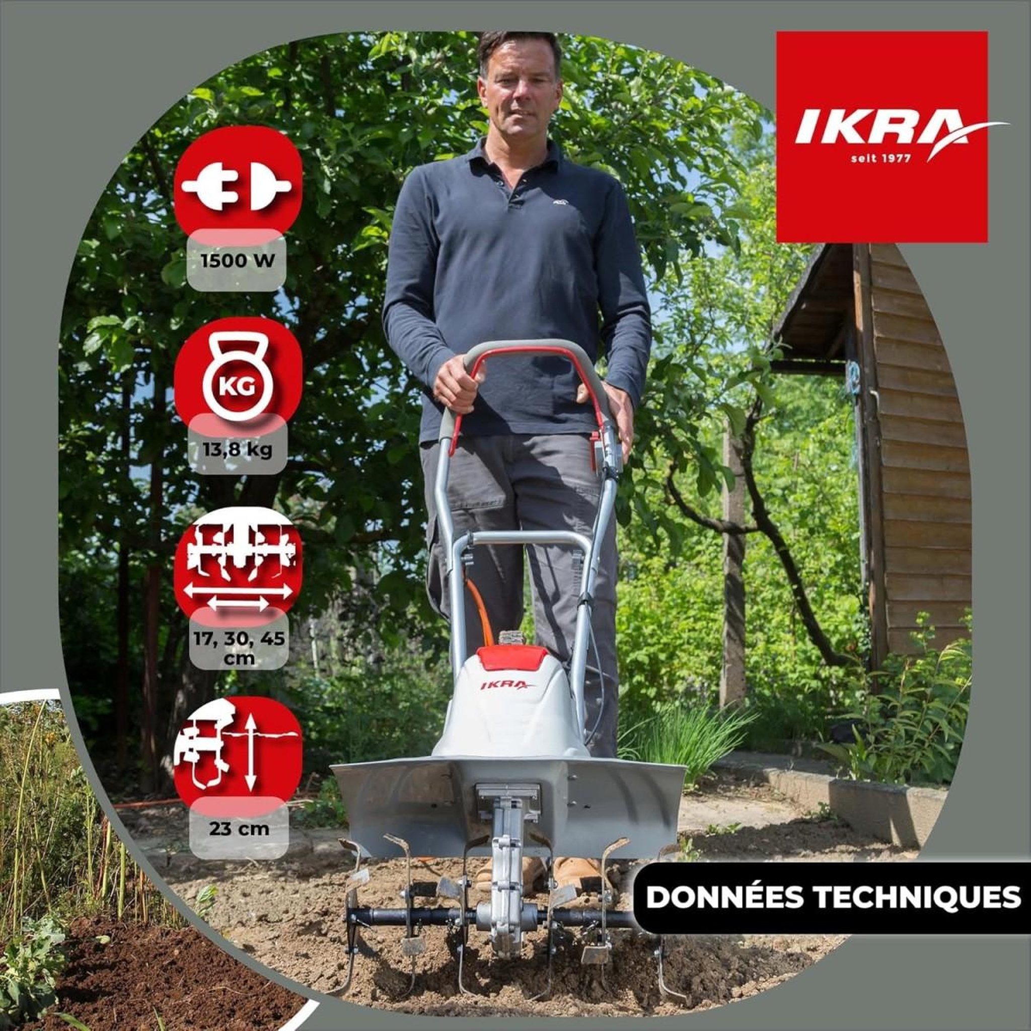 Voir la diapositive 5 : Ikra Motobineuse électrique 1500w largeur de travail 17-45cm 6 fraises - profondeur de travail 23cm préparation sol jardin ikra
