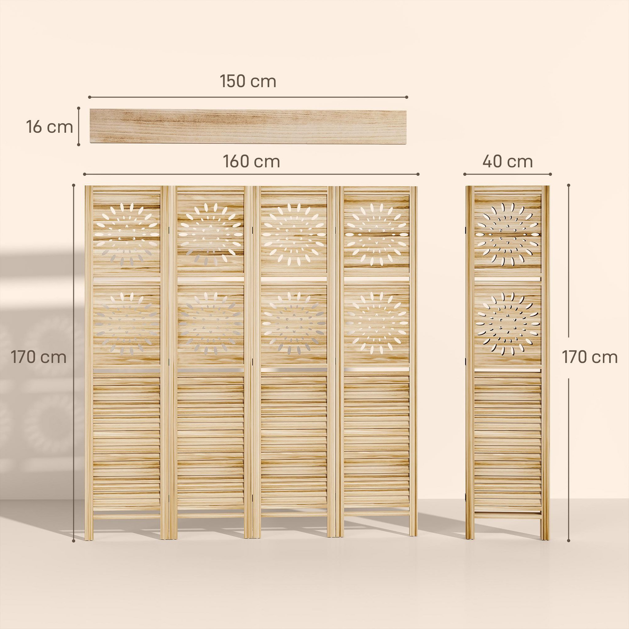 Voir la diapositive 3 : HOMCOM Paravent intérieur bois naturel 4 panneaux 3 étagères séparateur de pièce pliable 160 x 170 cm