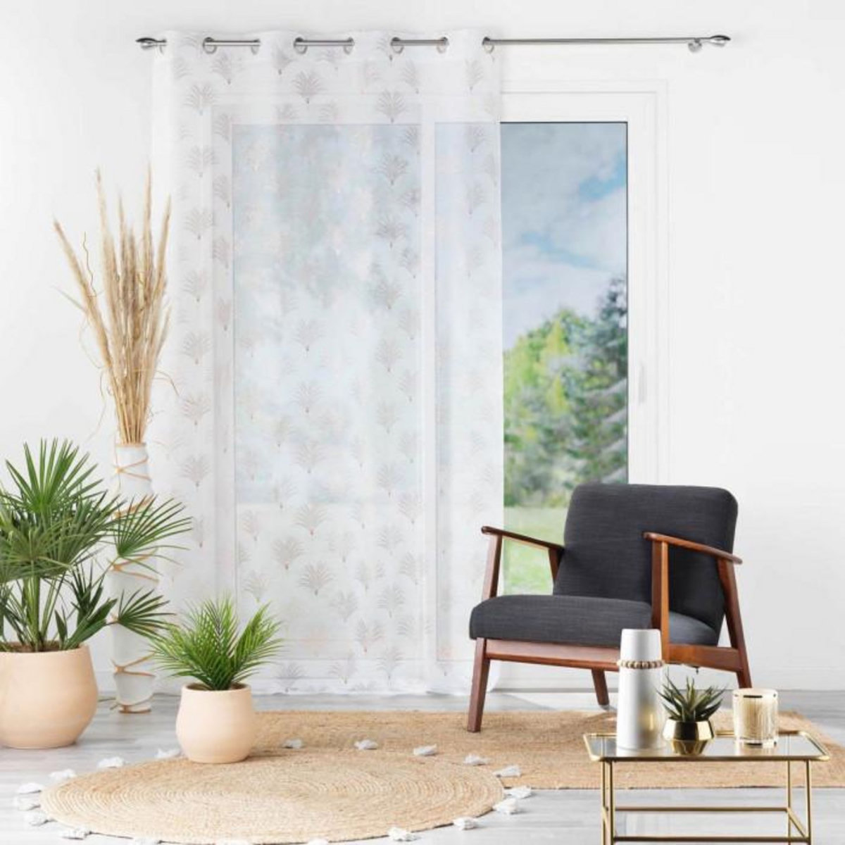 Paris Prix Rideau Voilage à Œillets Imprimé Métallisé  Arcadie  140x240cm Blanc