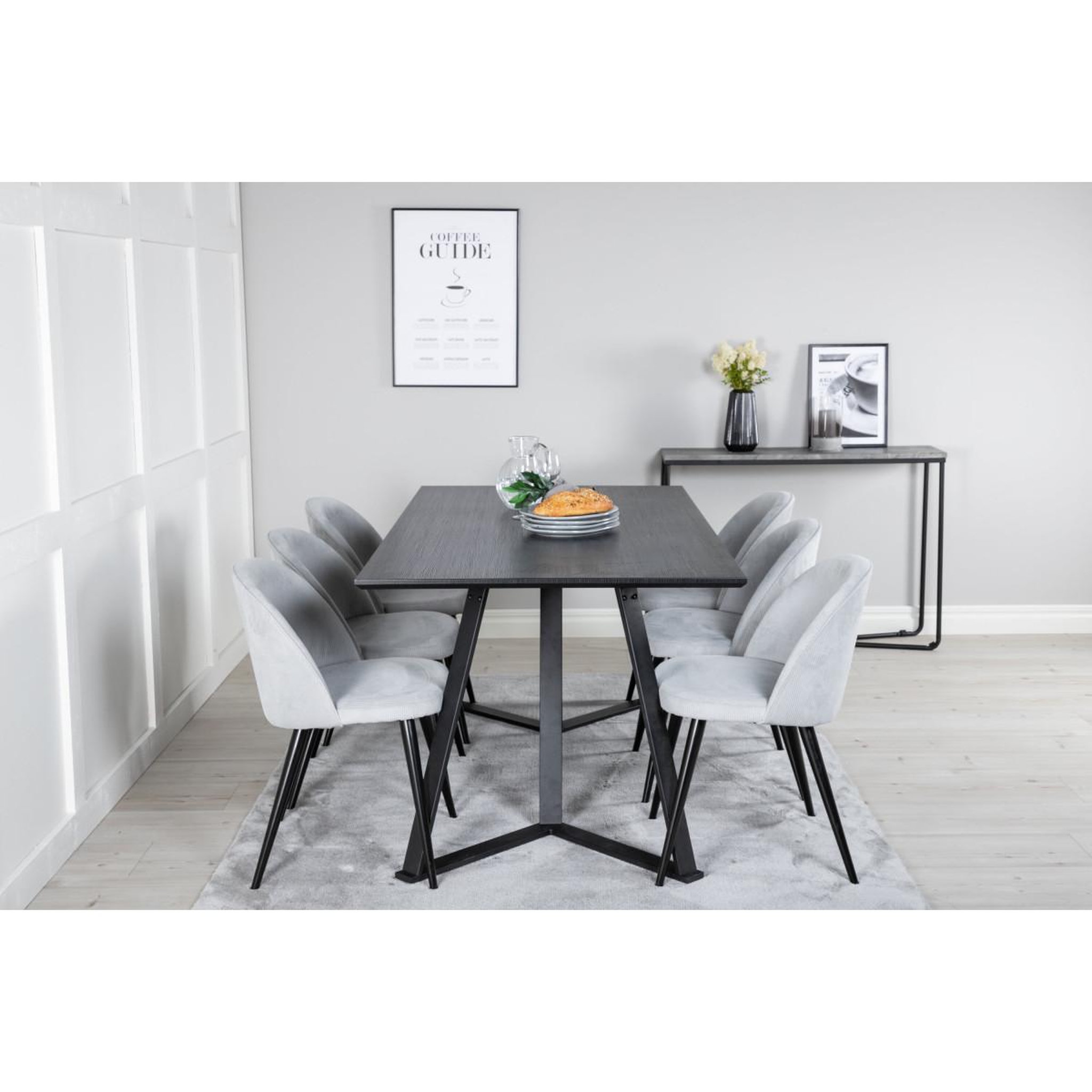 Voir la diapositive 6 : Paris Prix Ensemble table à manger & 6 chaises  marina & corduroy  180cm noir & gris