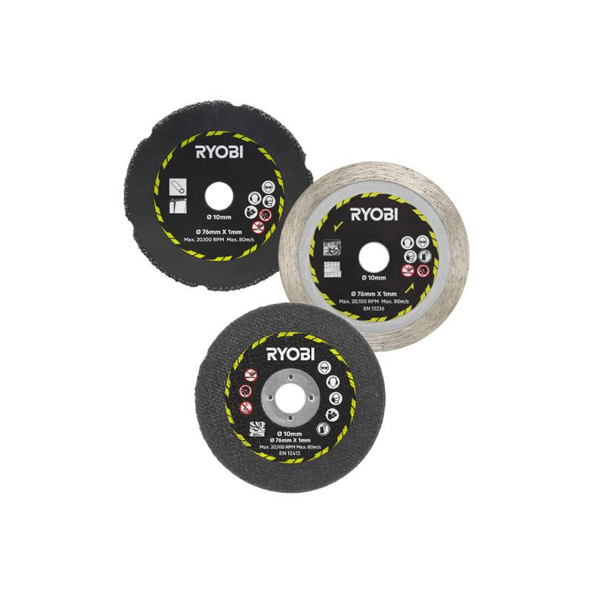 Voir la diapositive 1 : Ryobi Kit 3 disques pour meuleuse RYOBI - 76 mm - RAKCOT03