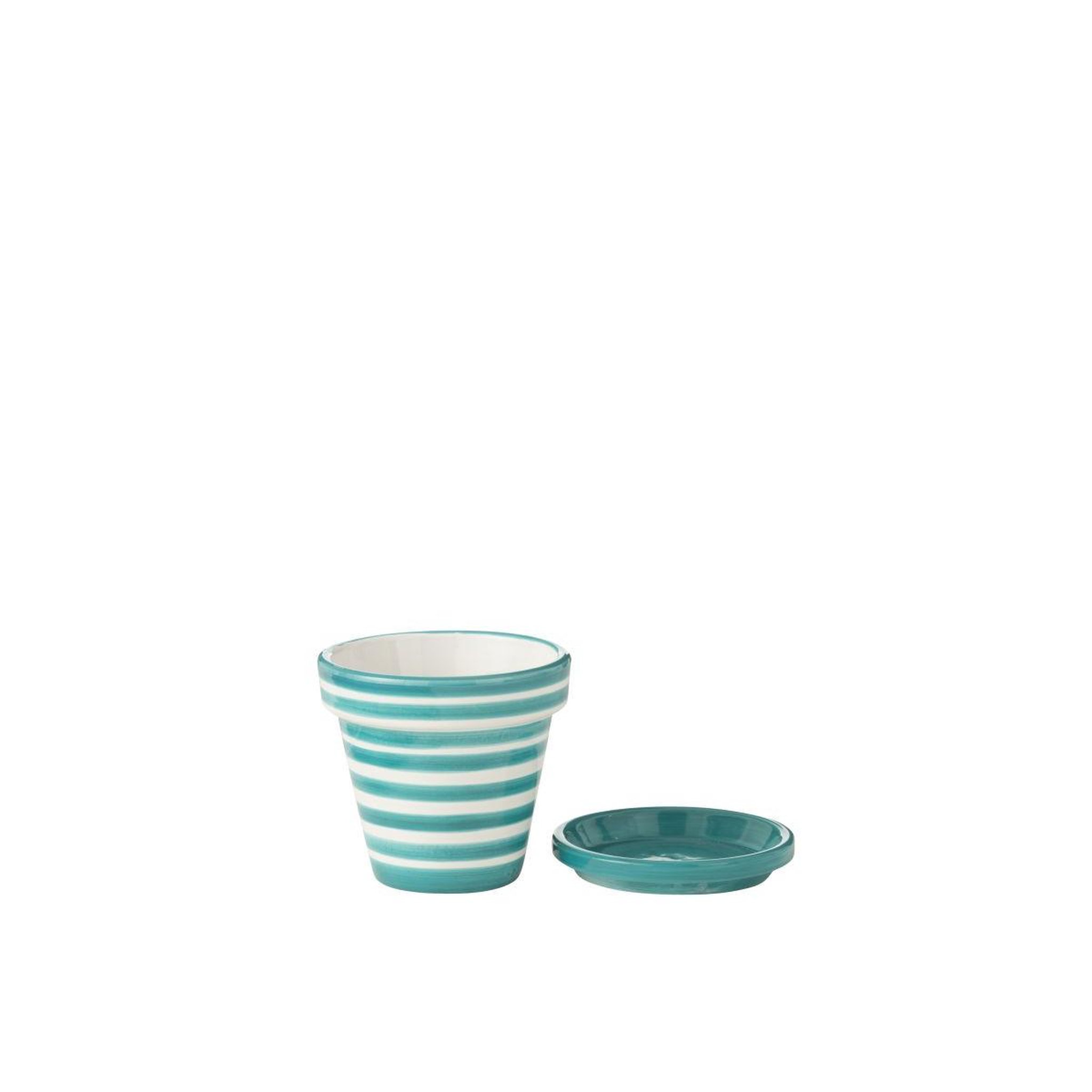Voir la diapositive 2 : J-LINE Pot avec soucoupe en céramique  granada rayure  21cm bleu aqua