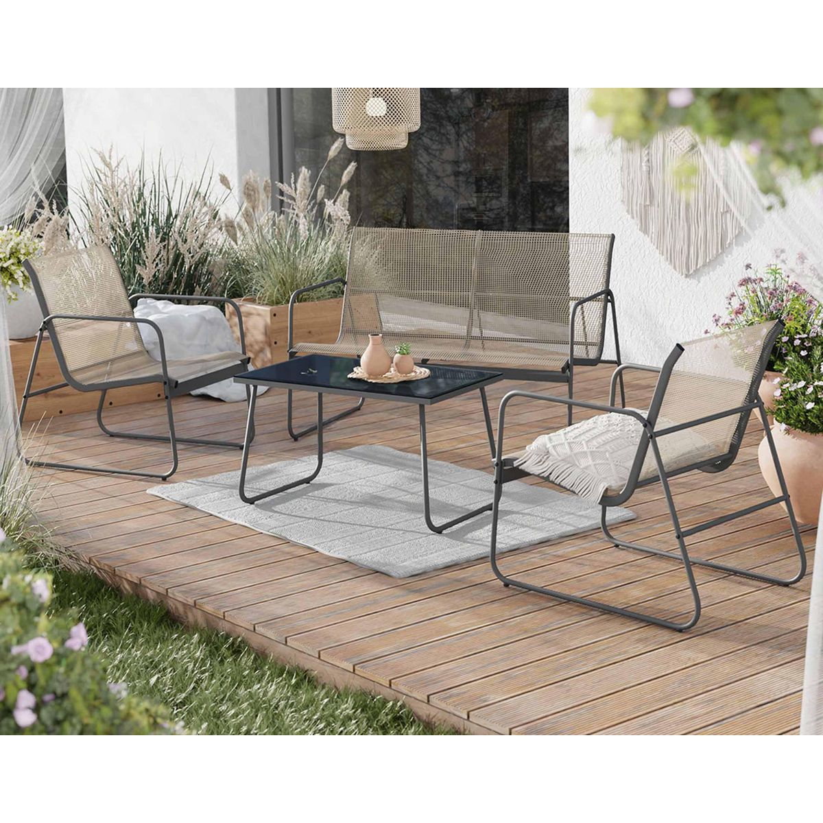 BEST MOBILIER Pilar - salon bas de jardin 4 places - métal et résine tressée