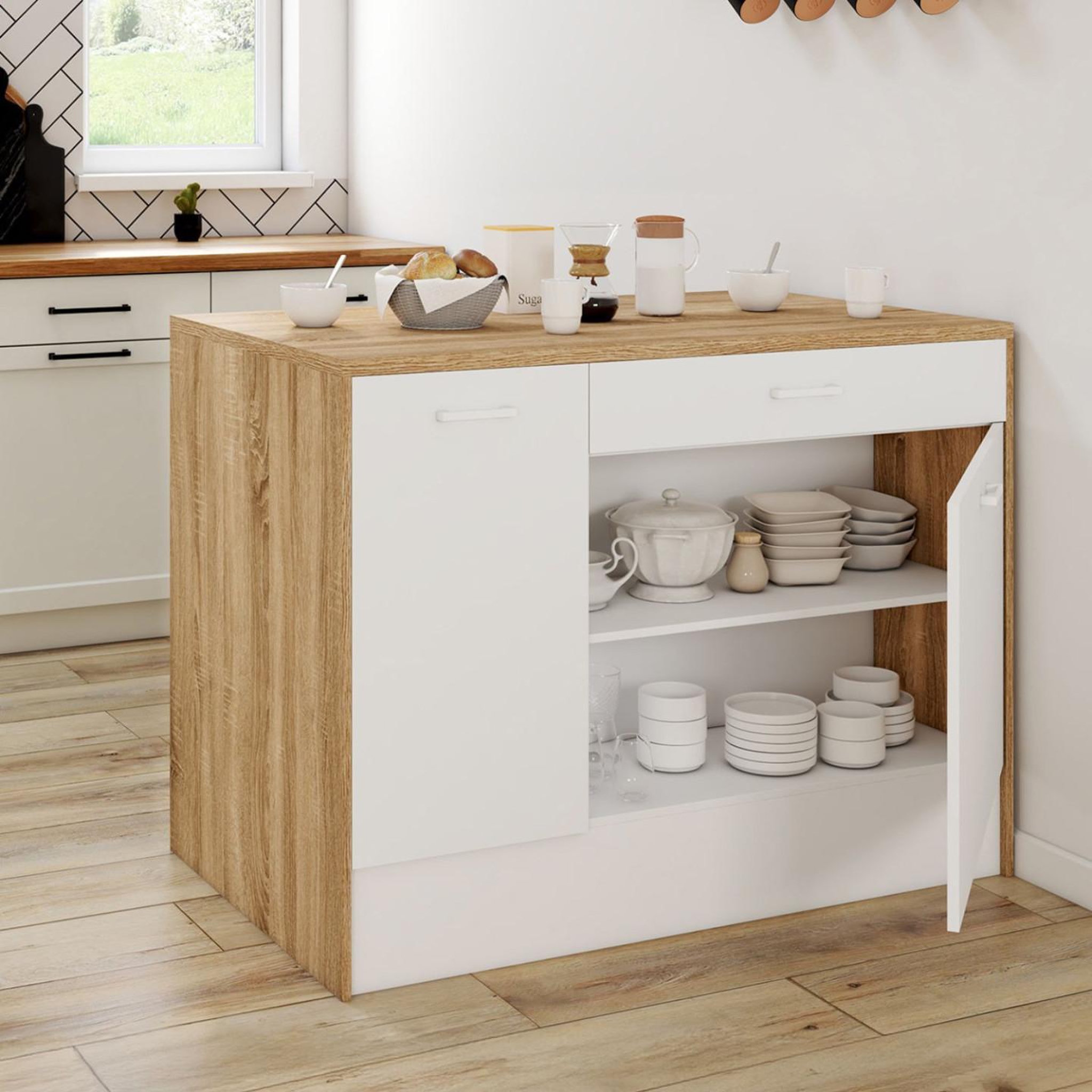 Voir la diapositive 4 : ID MARKET Ilot central lio maxi capacité de rangement bois et blanc