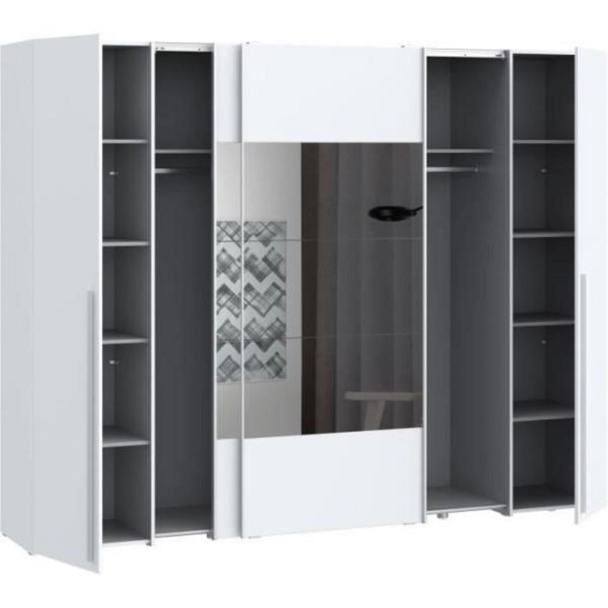 MARKET24 Armoire NARAGO - Décor Blanc mat - 2 portes coulissantes + miroir + 2 portes battantes + 2 penderies - L270 x P61 x H210 cm