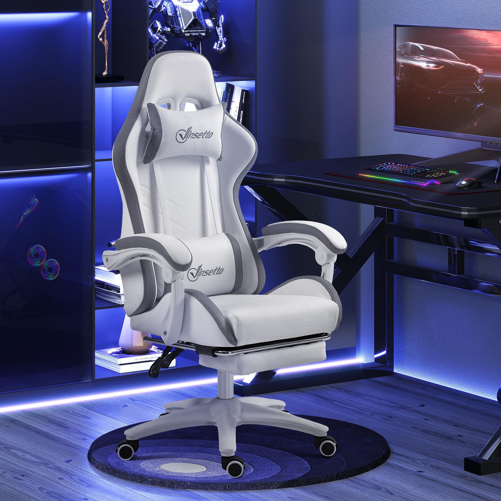 Voir la diapositive 2 : VINSETTO Chaise de bureau gaming - inclinable, pivotant, réglable - coussins lombaires têtière inclus - gris blanc