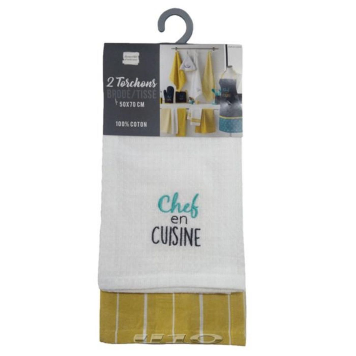 Paris Prix Lot de 2 Torchons Brodés  Chef en Cuisine  50x70cm Jaune