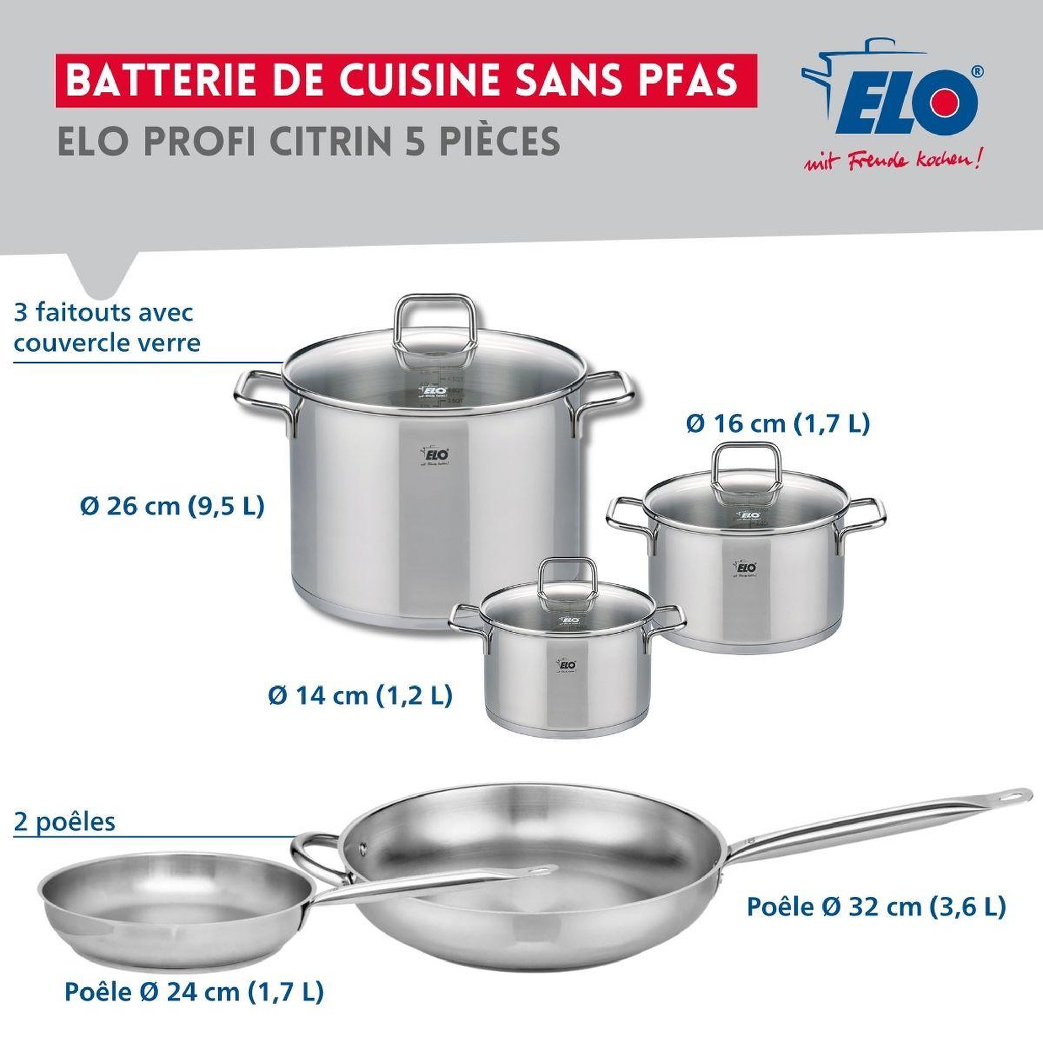 Voir la diapositive 2 : ELO Ensemble de 2 poêles de cuisson 24 et 32 cm et 3 faitouts 14, 16 et 26 cm elo profi citrin