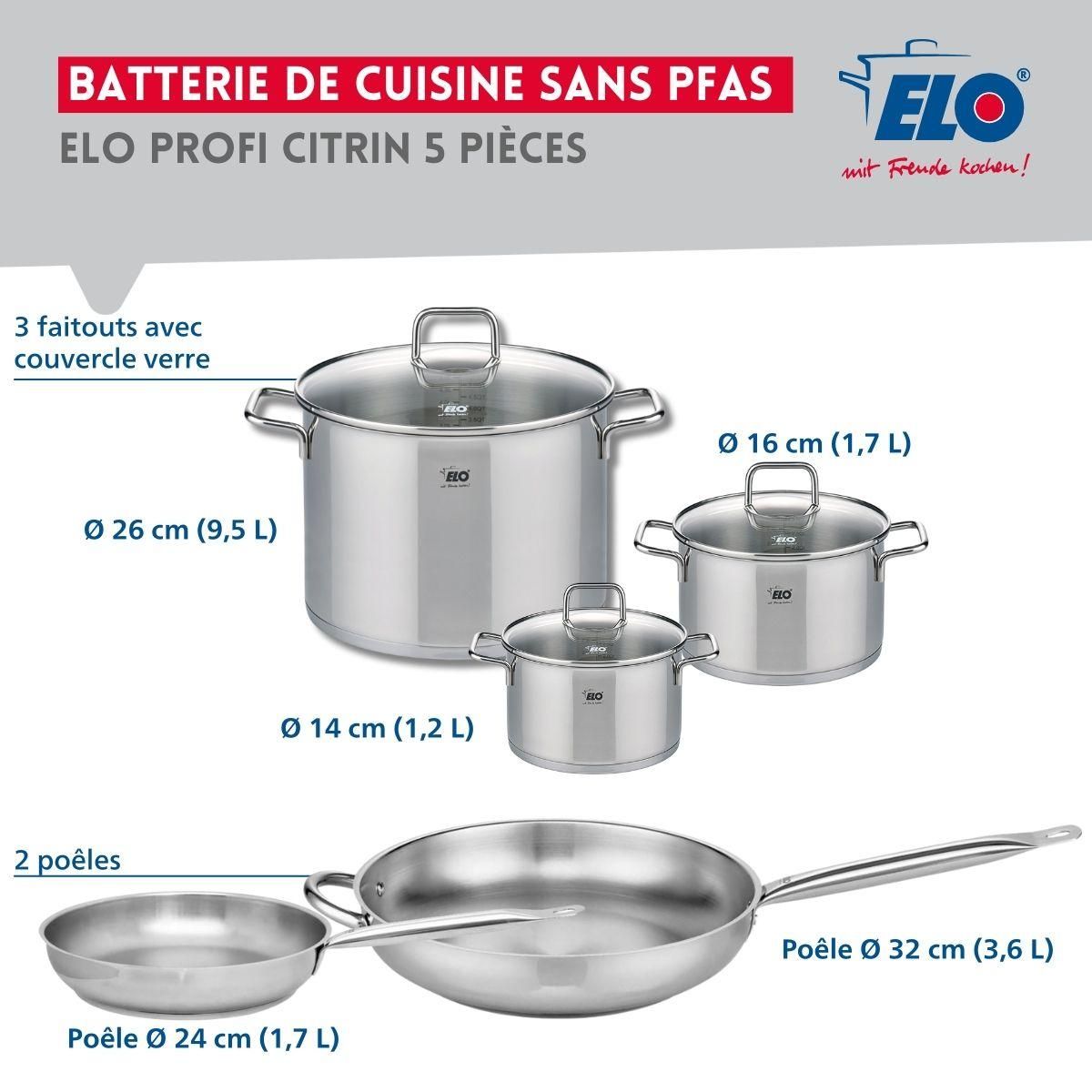 ELO Ensemble de 2 Poêles de cuisson 24 et 32 cm et 3 faitouts 14, 16 et 26 cm Elo Profi Citrin