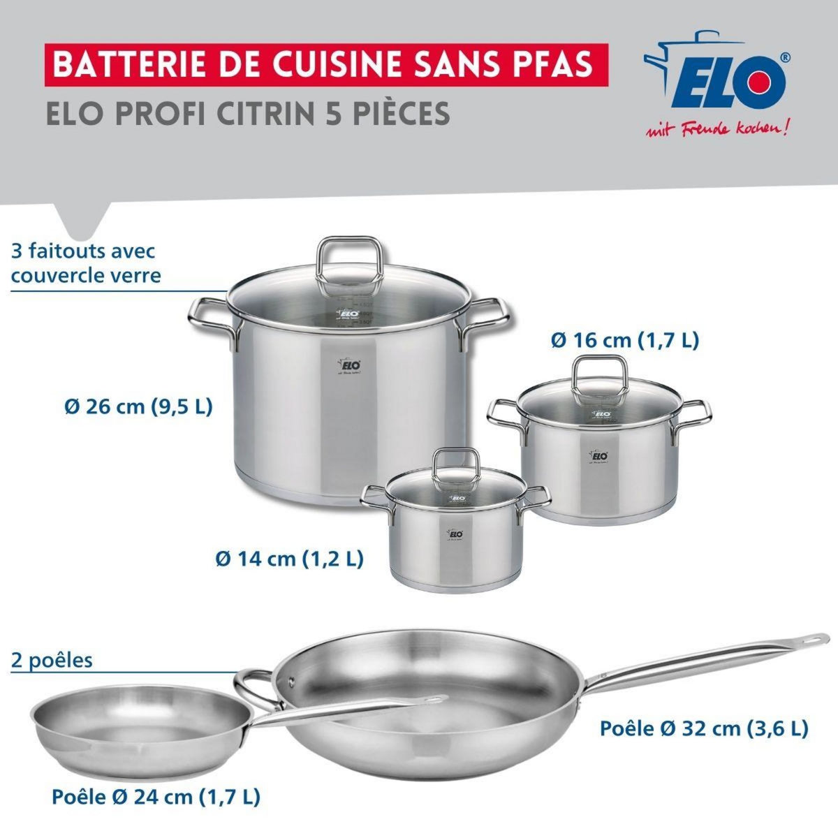 ELO Ensemble de 2 Poêles de cuisson 24 et 32 cm et 3 faitouts 14, 16 et 26 cm Elo Profi Citrin