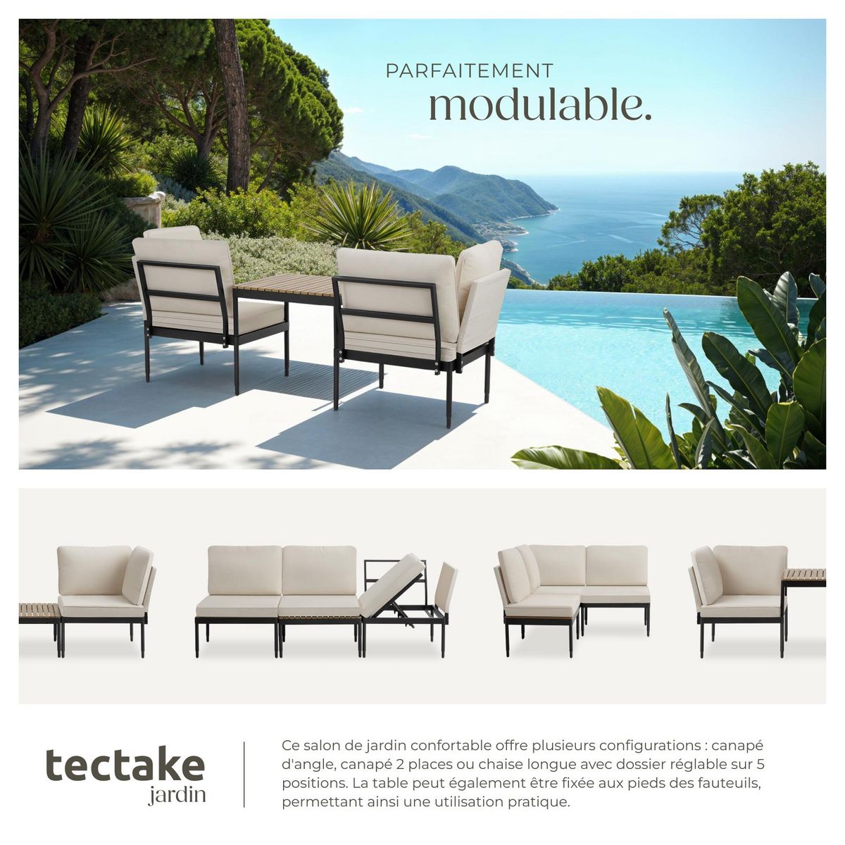 tectake Ensemble de salon de jardin 5-en-1 avec dossier réglable sur 5 positions anthracite/gris