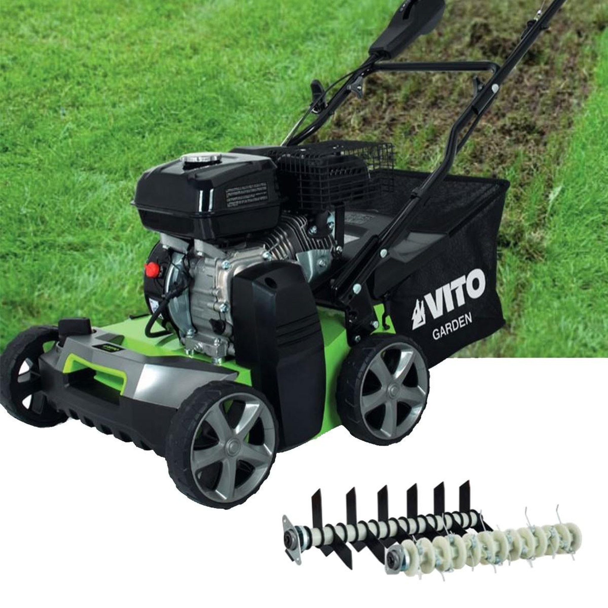 Voir la diapositive 5 : VITO Scarificateur thermique 5,4 cv – scarificateur & démousseur pelouse 2000 m2, largeur 40cm, réglable, bac 45l vito