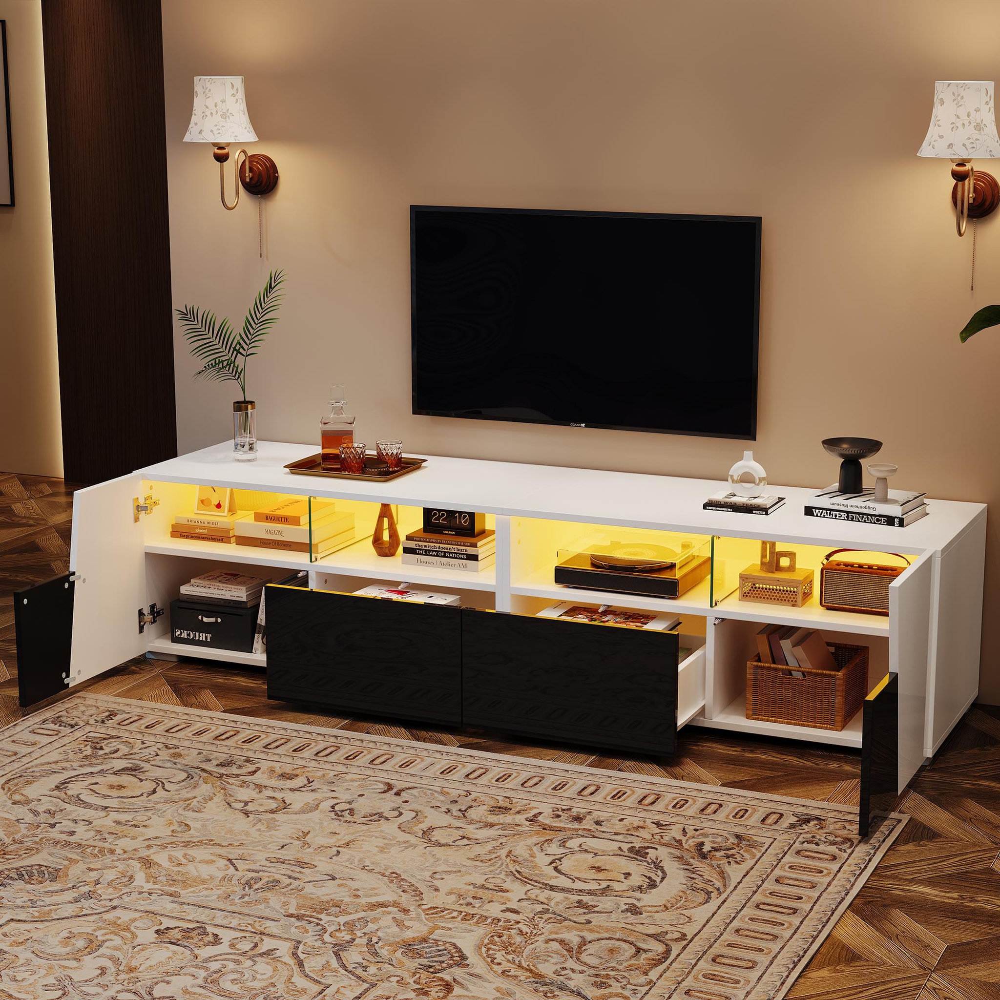 Voir la diapositive 5 : MERAX Meuble tv blanc+noir 180 cm led mdf