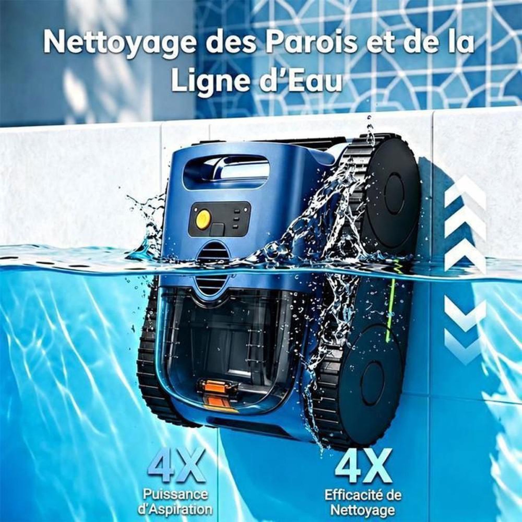 Voir la diapositive 5 : Nettoyeur de piscine robot sans fil gyroscope bleu pour fond, parois et ligne d'eau jusqu'à 200 m²