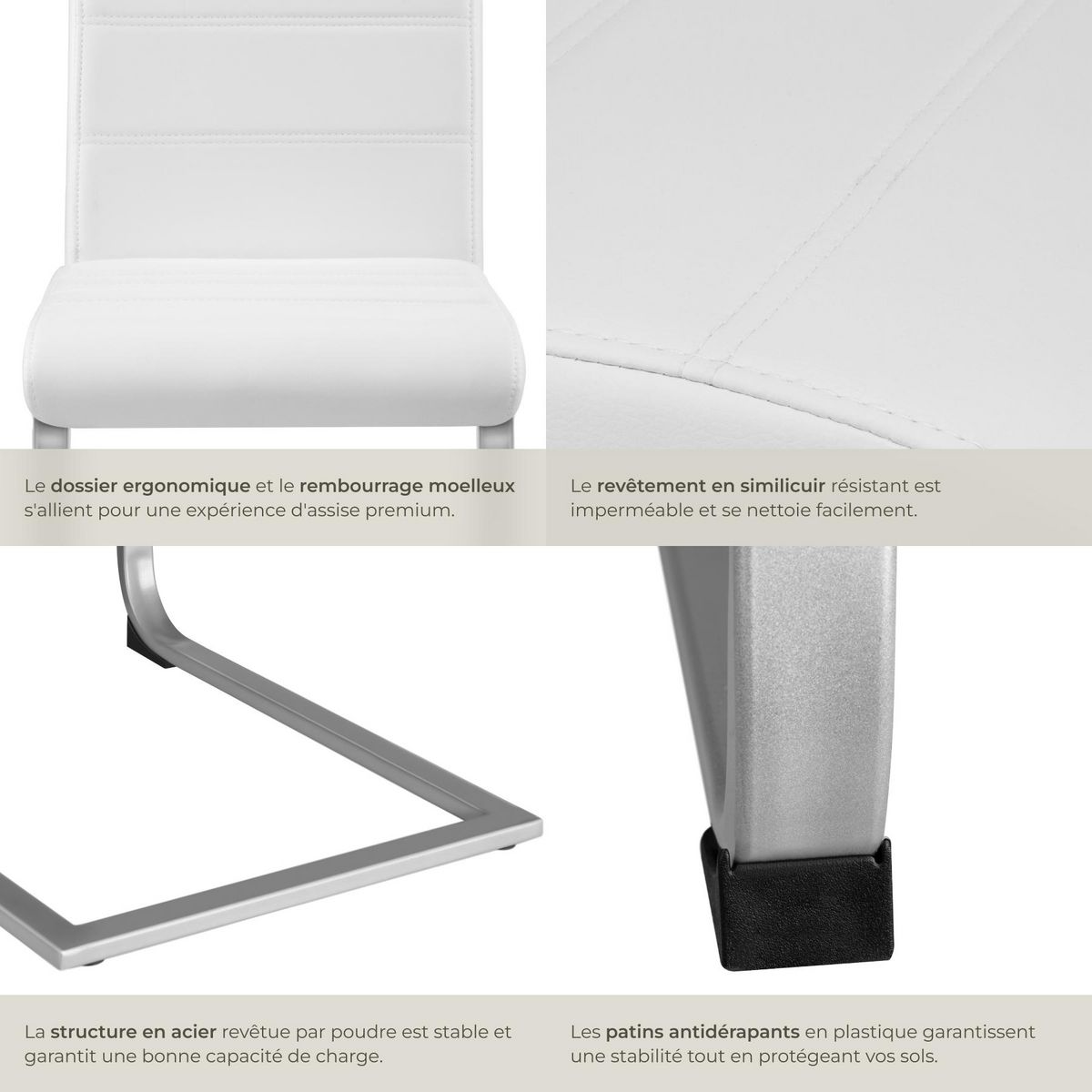 tectake Ensemble de chaises de salle à manger rembourré avec revêtement aspect cuir blanc Lot de 2