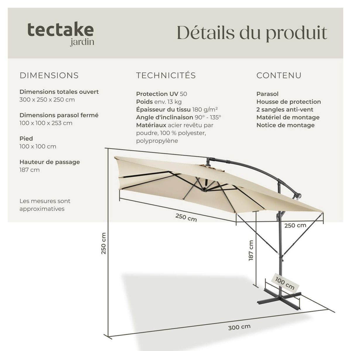 tectake Parasol 250 x 250 cm beige
